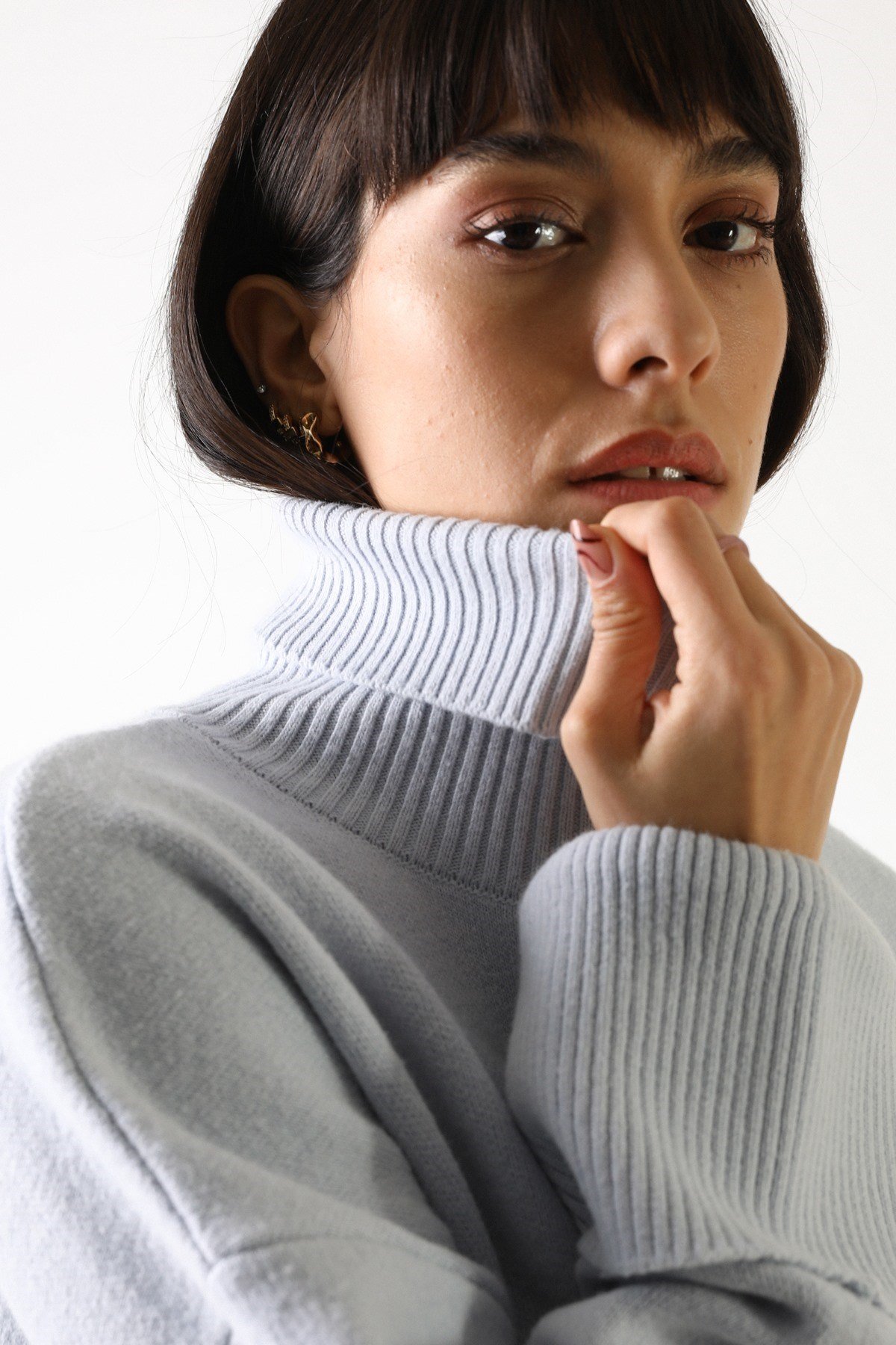 Ferraro Mavi Uzun Kollu Balıkçı Yaka Kaşmirli Kadın Triko Kazak