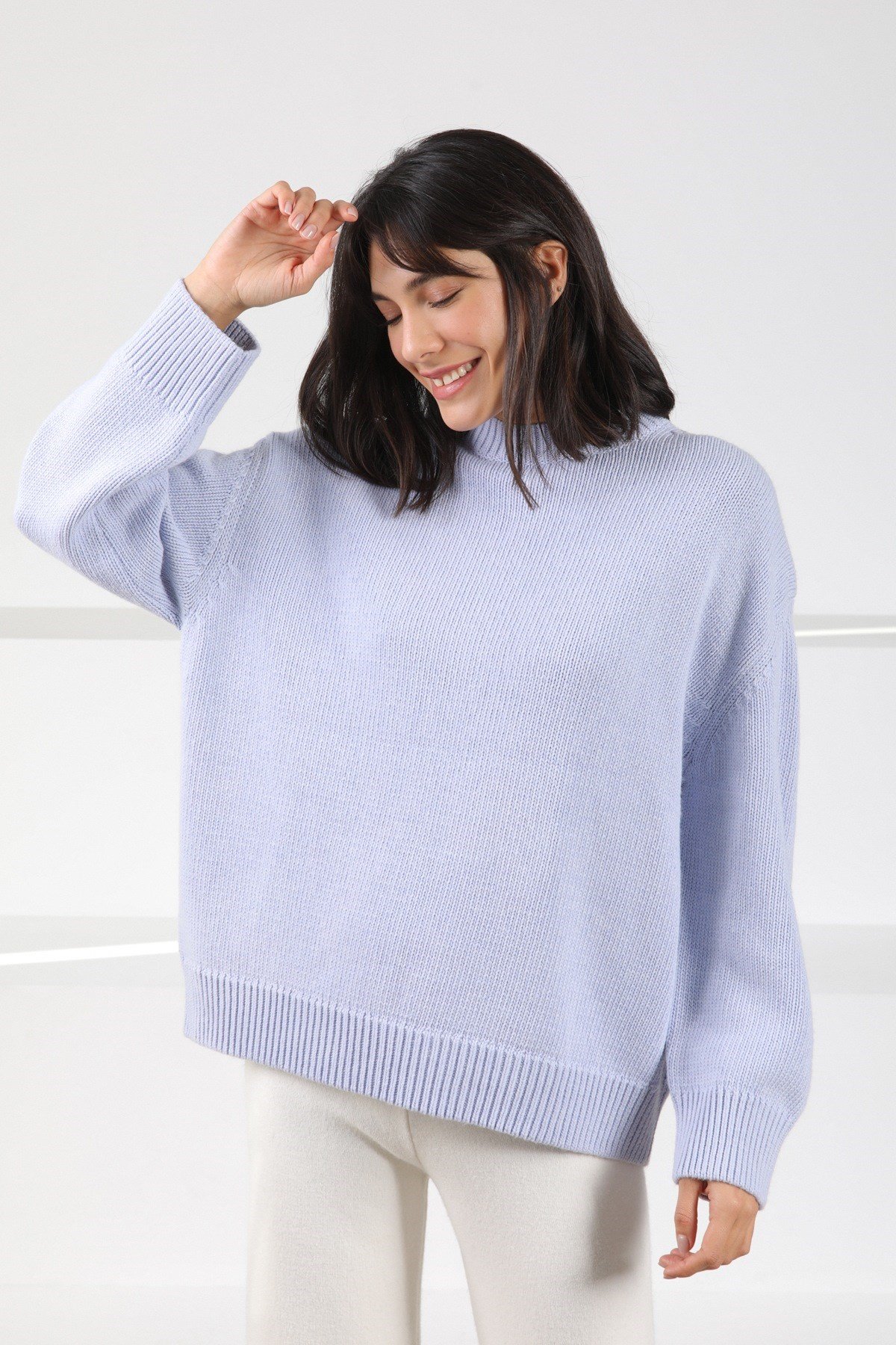 Ferraro Mavi Uzun Kollu Bisiklet Yaka Kaşmirli Kadın Triko Kazak