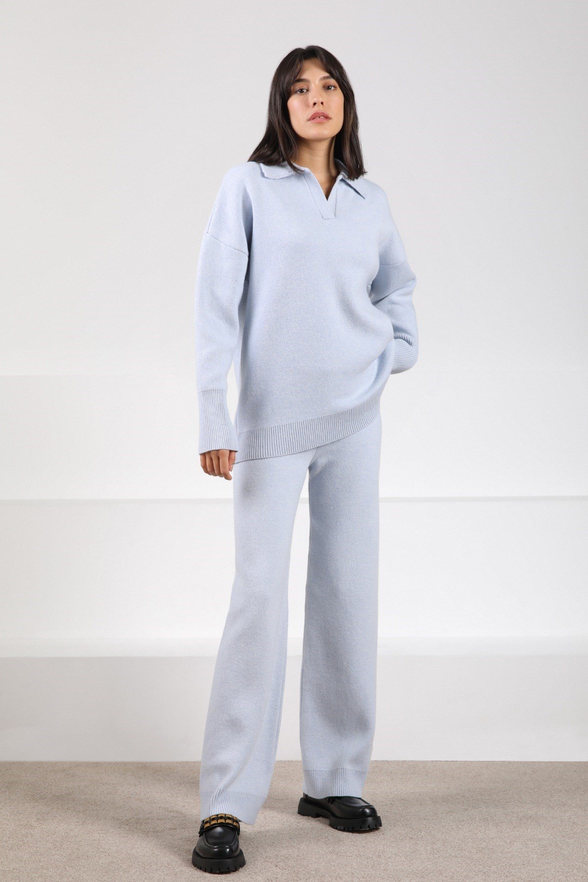 Ferraro Mavi Uzun Kollu Polo Yaka Kaşmirli Kadın Triko Kazak