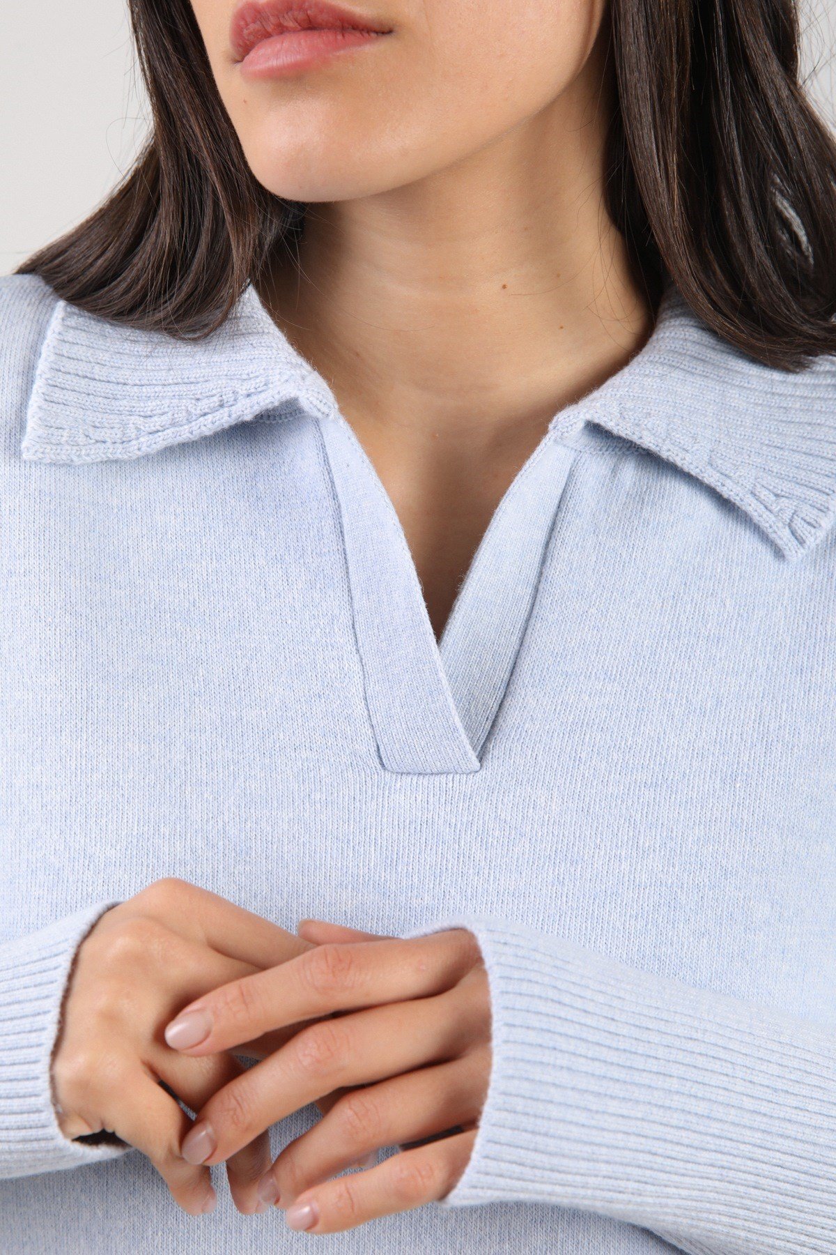 Ferraro Mavi Uzun Kollu Polo Yaka Kaşmirli Kadın Triko Kazak