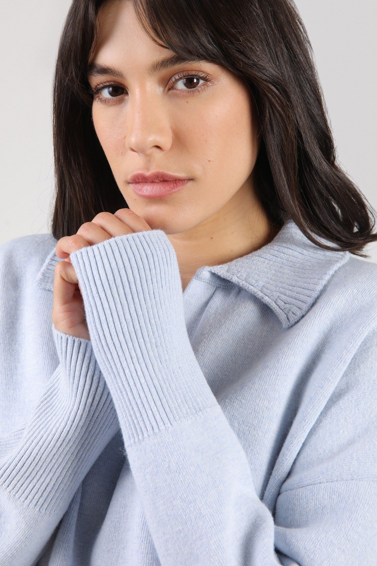 Ferraro Mavi Uzun Kollu Polo Yaka Kaşmirli Kadın Triko Kazak