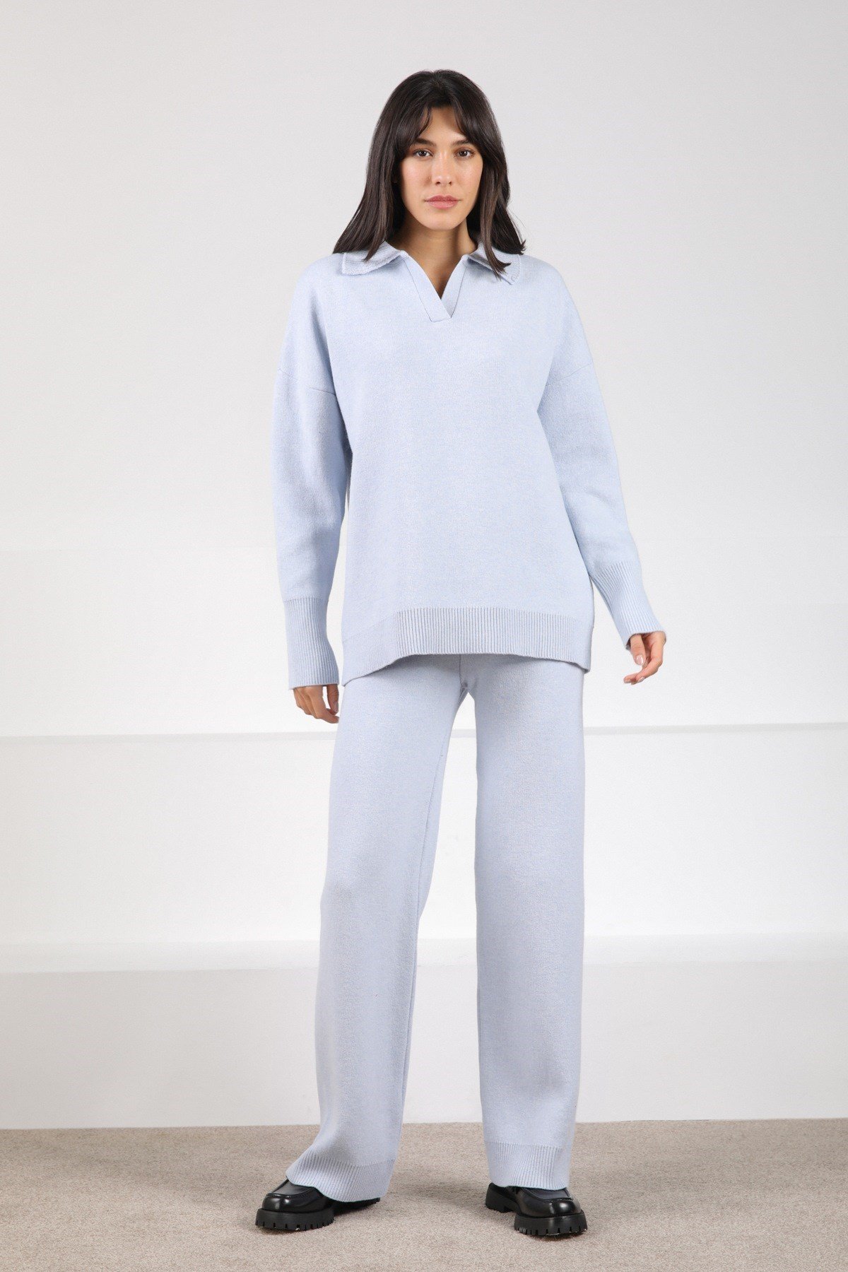 Ferraro Mavi Uzun Kollu Polo Yaka Kaşmirli Kadın Triko Kazak