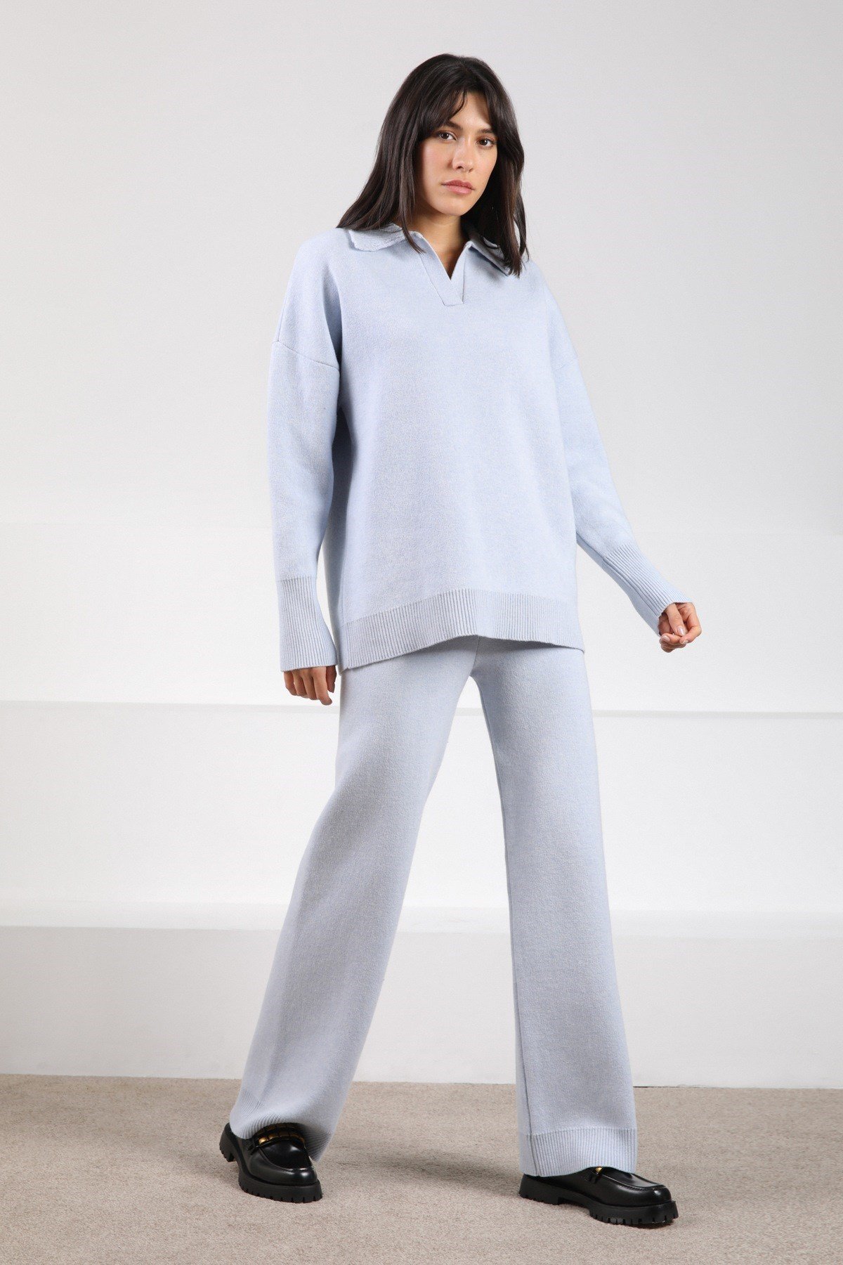 Ferraro Mavi Uzun Kollu Polo Yaka Kaşmirli Kadın Triko Kazak