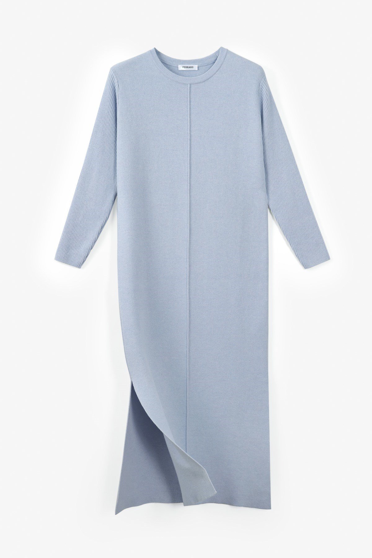 Ferraro Mavi Yandan Yırtmaçlı Midi Boy Kaşmirli Kadın Triko Elbise