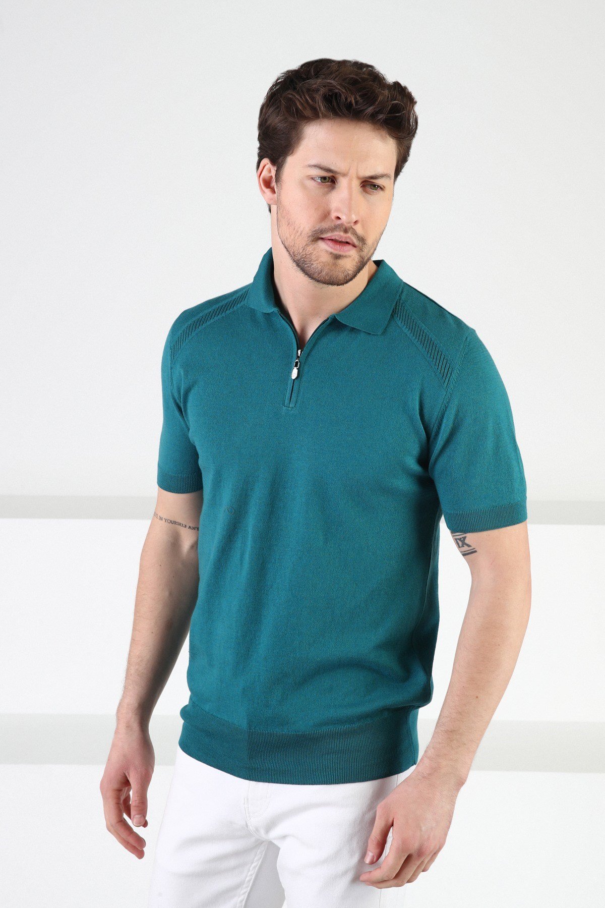 Ferraro Mercan Fermuarlı Polo Yaka %100 Pamuk Erkek Triko T-Shirt