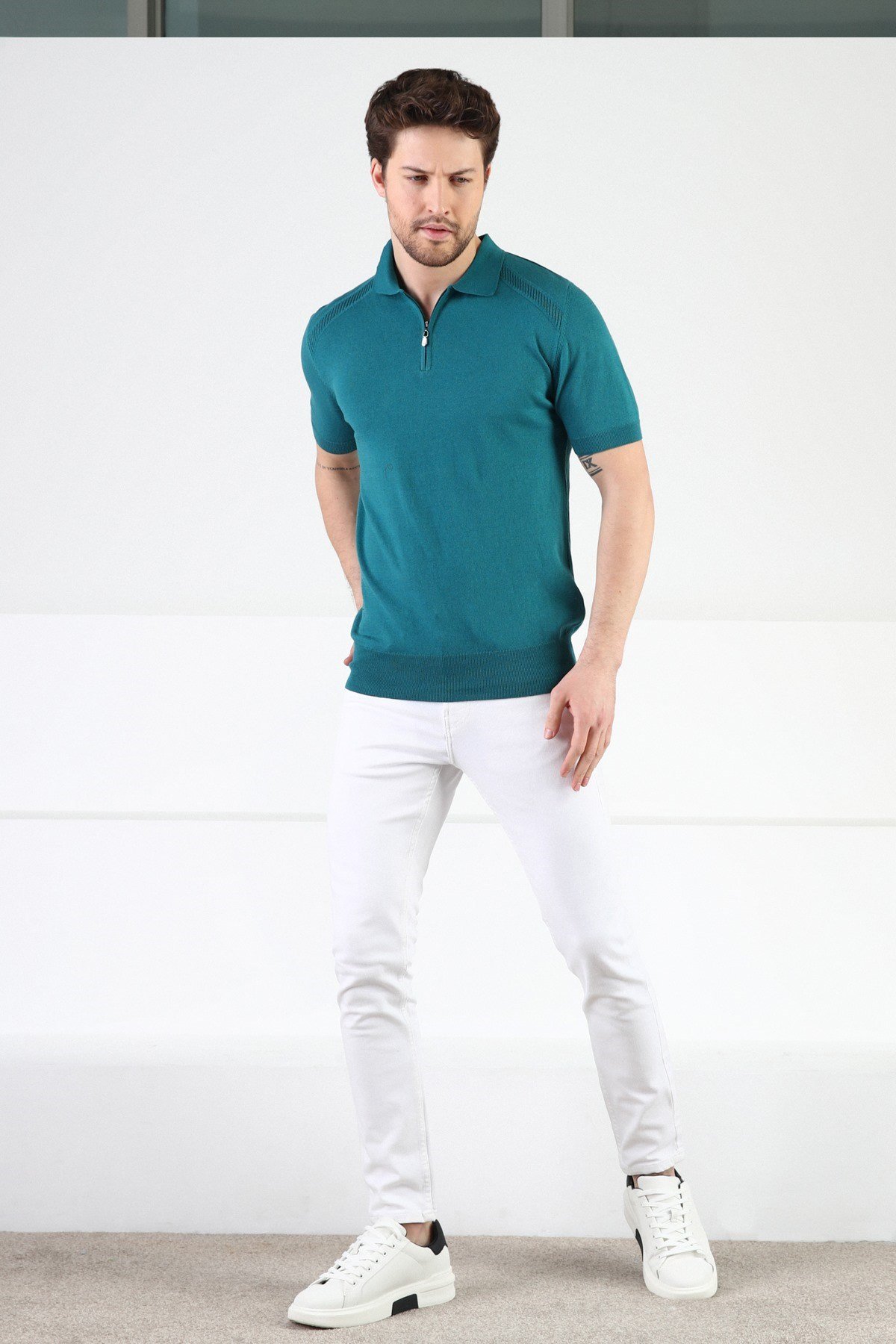 Ferraro Mercan Fermuarlı Polo Yaka %100 Pamuk Erkek Triko T-Shirt