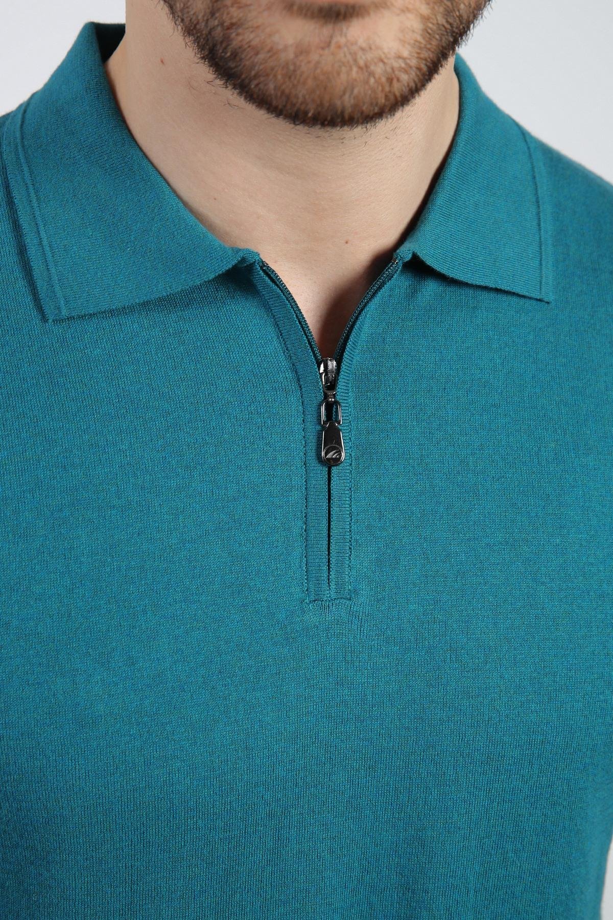Ferraro Mercan Polo Yaka Fermuarlı Erkek Pamuk Triko T-Shirt