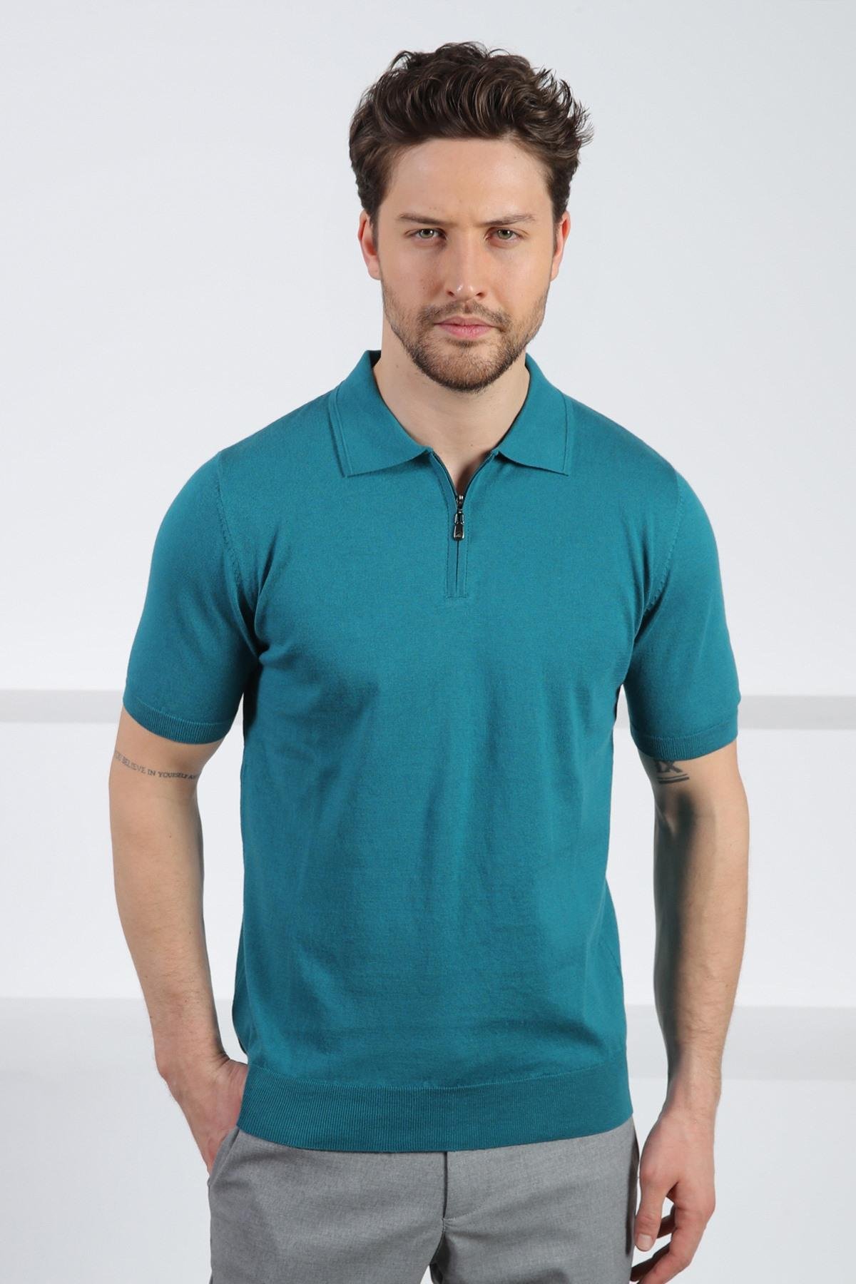Ferraro Mercan Polo Yaka Fermuarlı Erkek Pamuk Triko T-Shirt