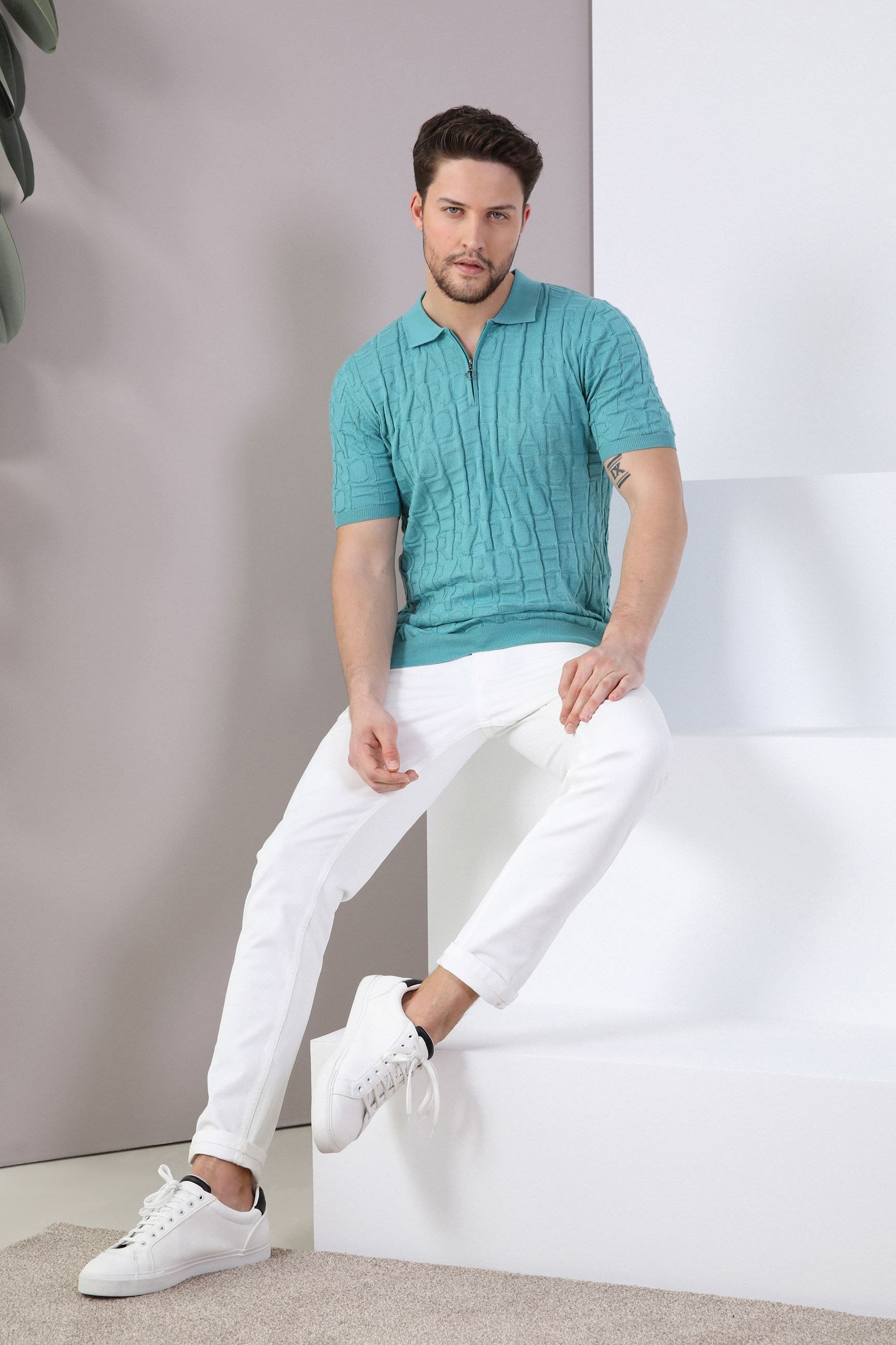 Ferraro Mint Polo Yaka Fermuarlı Erkek Pamuk Triko T-Shirt