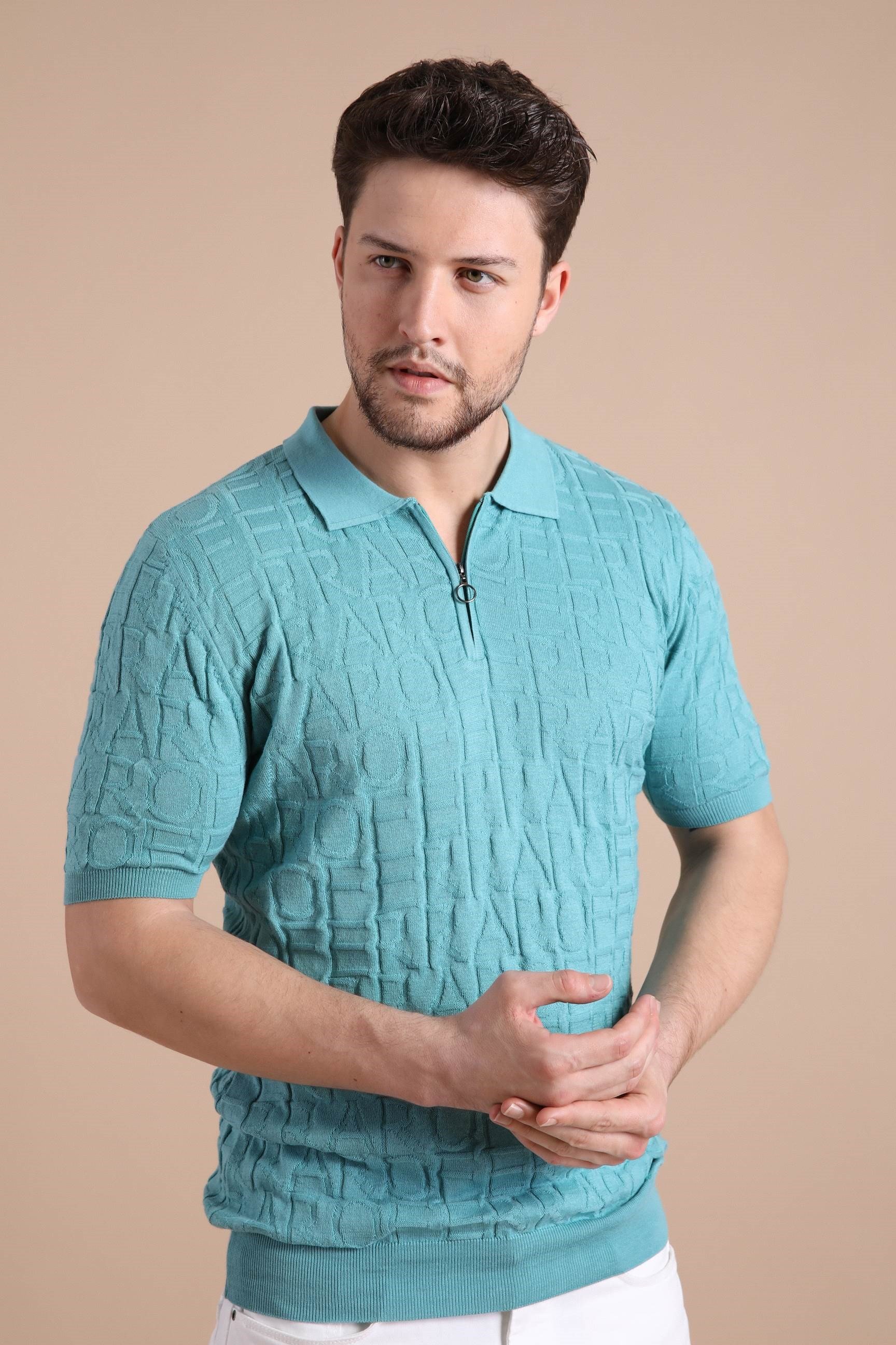 Ferraro Mint Polo Yaka Fermuarlı Erkek Pamuk Triko T-Shirt