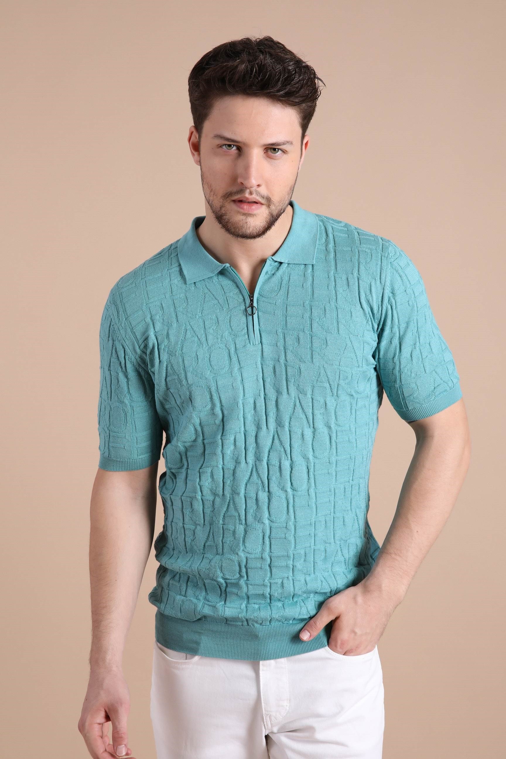Ferraro Mint Polo Yaka Fermuarlı Erkek Pamuk Triko T-Shirt
