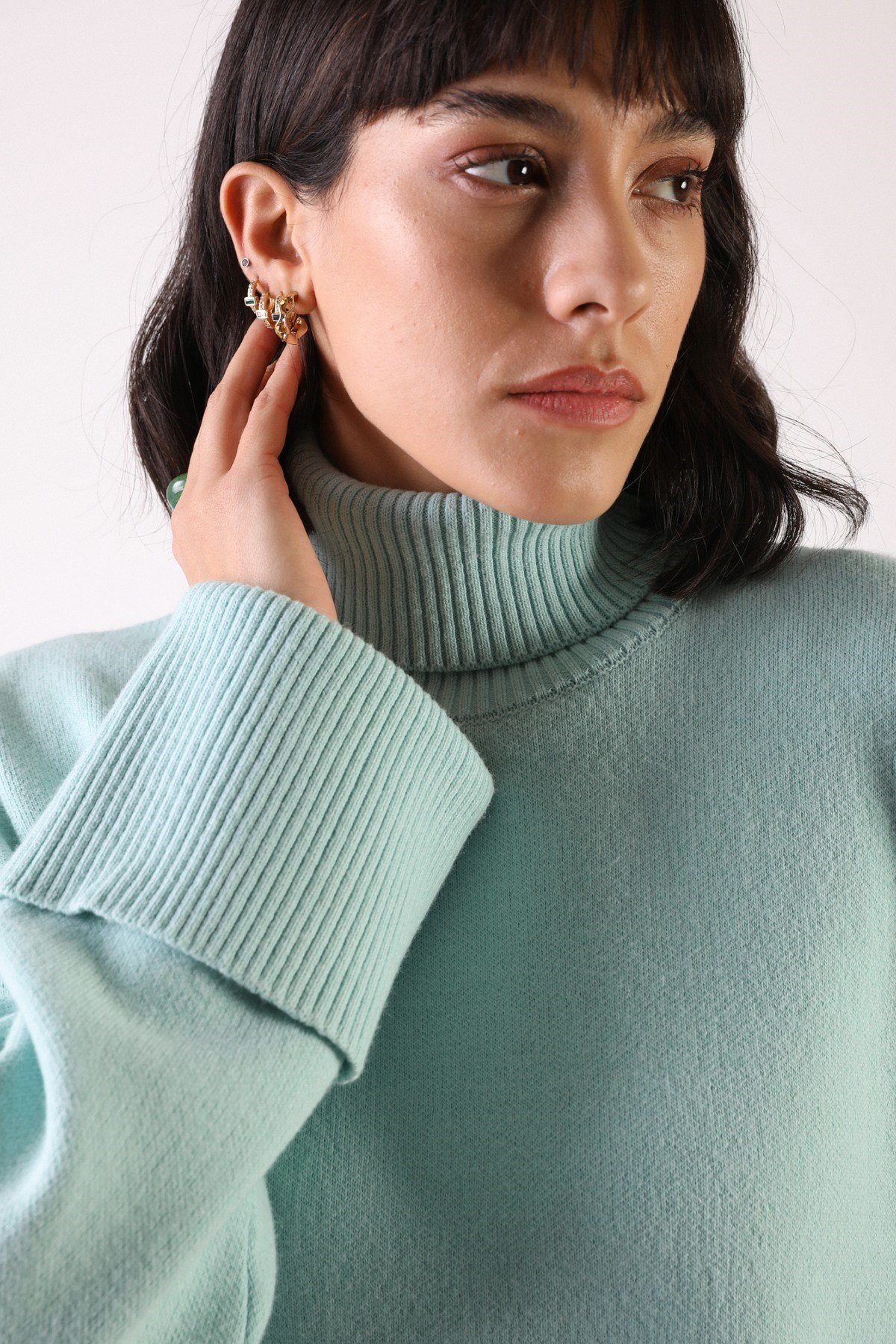 Ferraro Mint Uzun Kollu Balıkçı Yaka Kaşmirli Kadın Triko Kazak