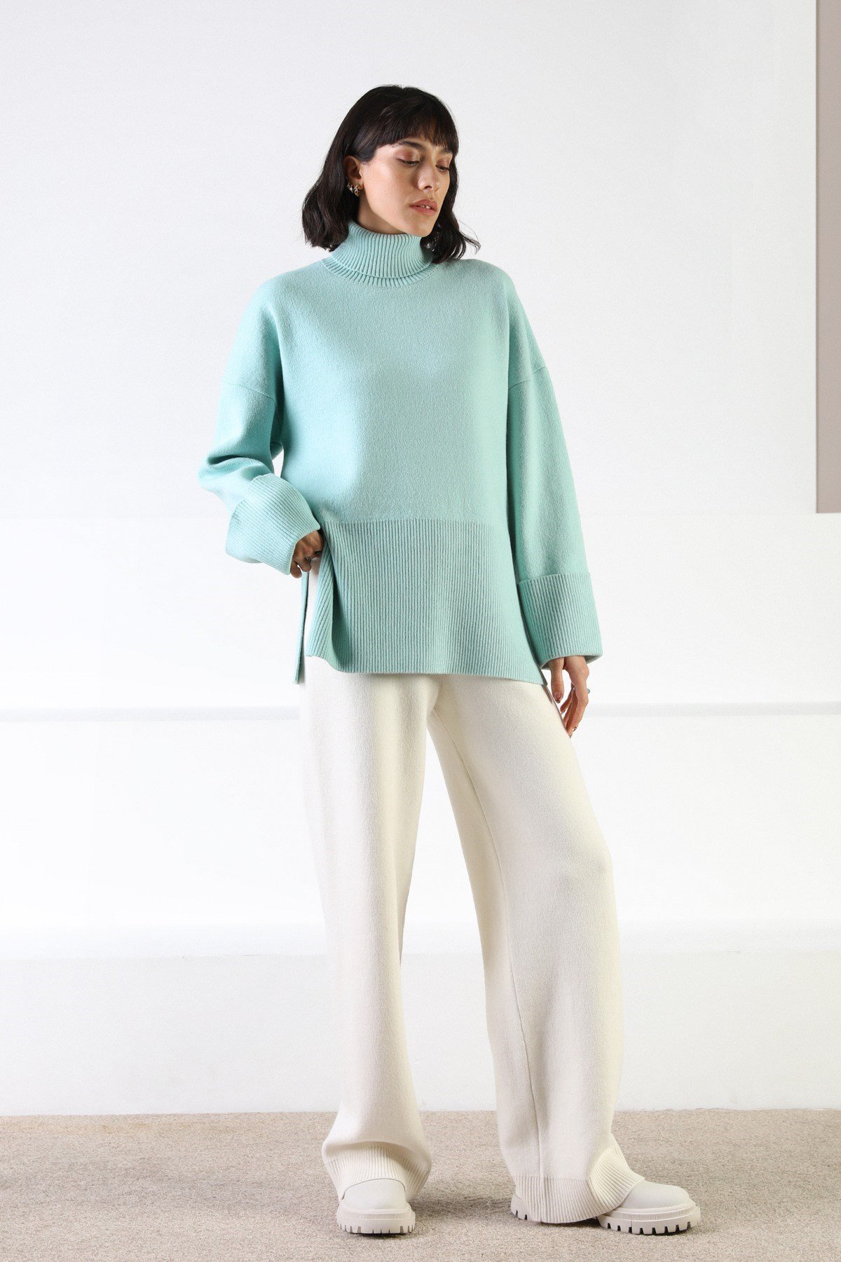 Ferraro Mint Uzun Kollu Balıkçı Yaka Kaşmirli Kadın Triko Kazak