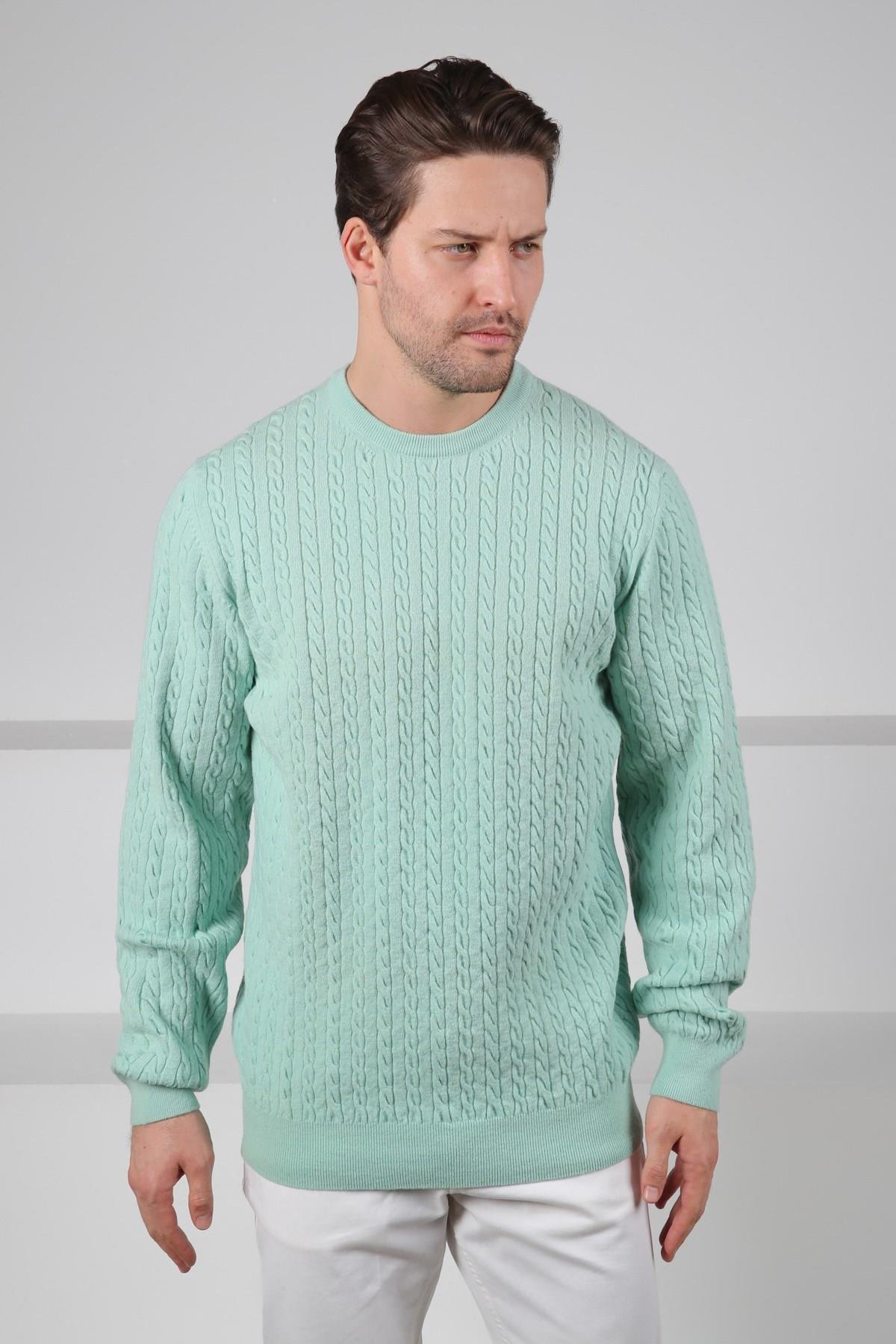 Ferraro Mint Yeşili Bisiklet Yaka Kabartmalı Saç Örgü Desenli Uzun Kollu %100 Kuzu Yünü Erkek Triko Kazak