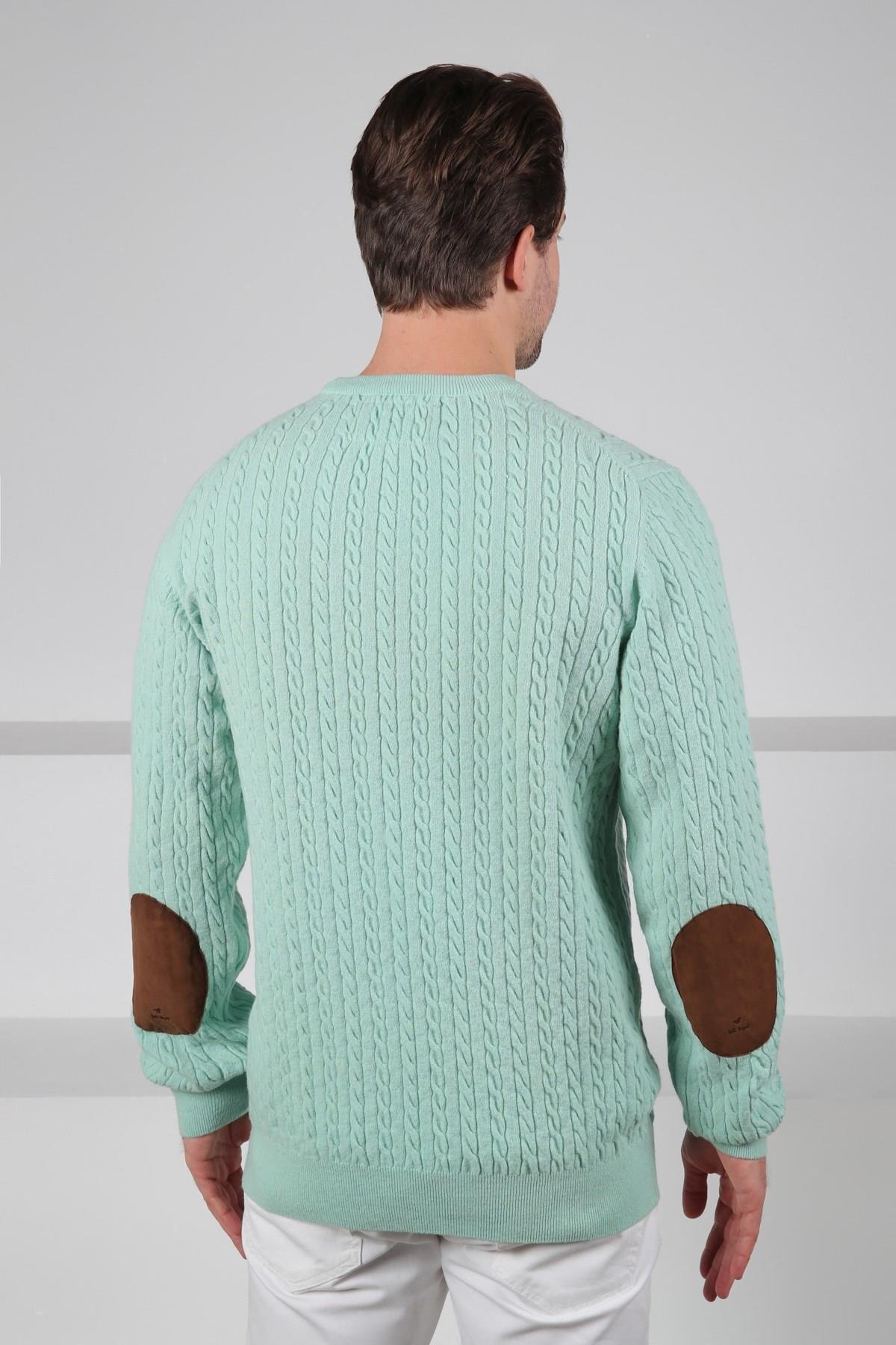 Ferraro Mint Yeşili Bisiklet Yaka Kabartmalı Saç Örgü Desenli Uzun Kollu %100 Kuzu Yünü Erkek Triko Kazak