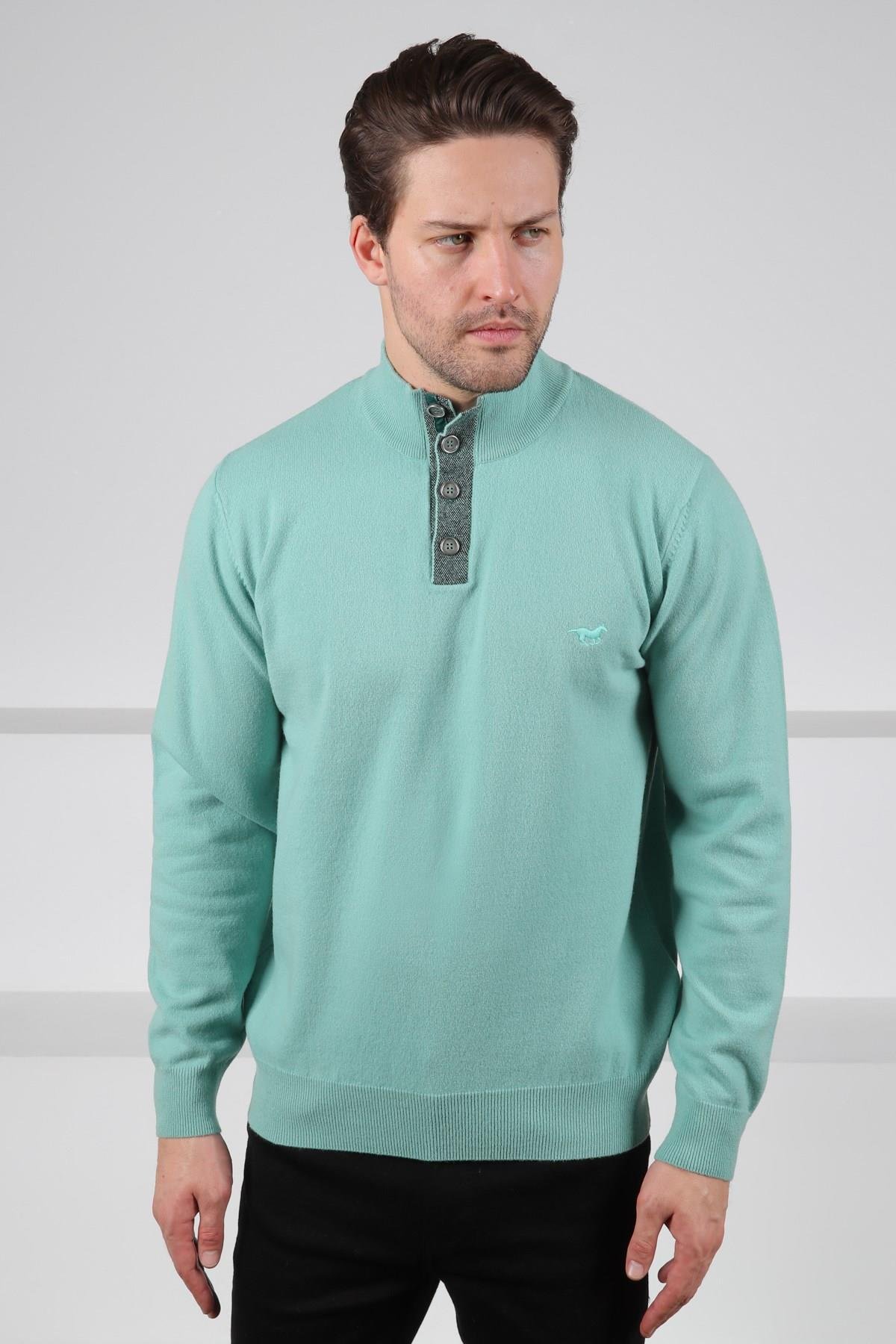 Ferraro Mint Yeşili Düğmeli Yarım Balıkçı Yaka Uzun Kollu %100 Kuzu Yünü Erkek Triko Kazak