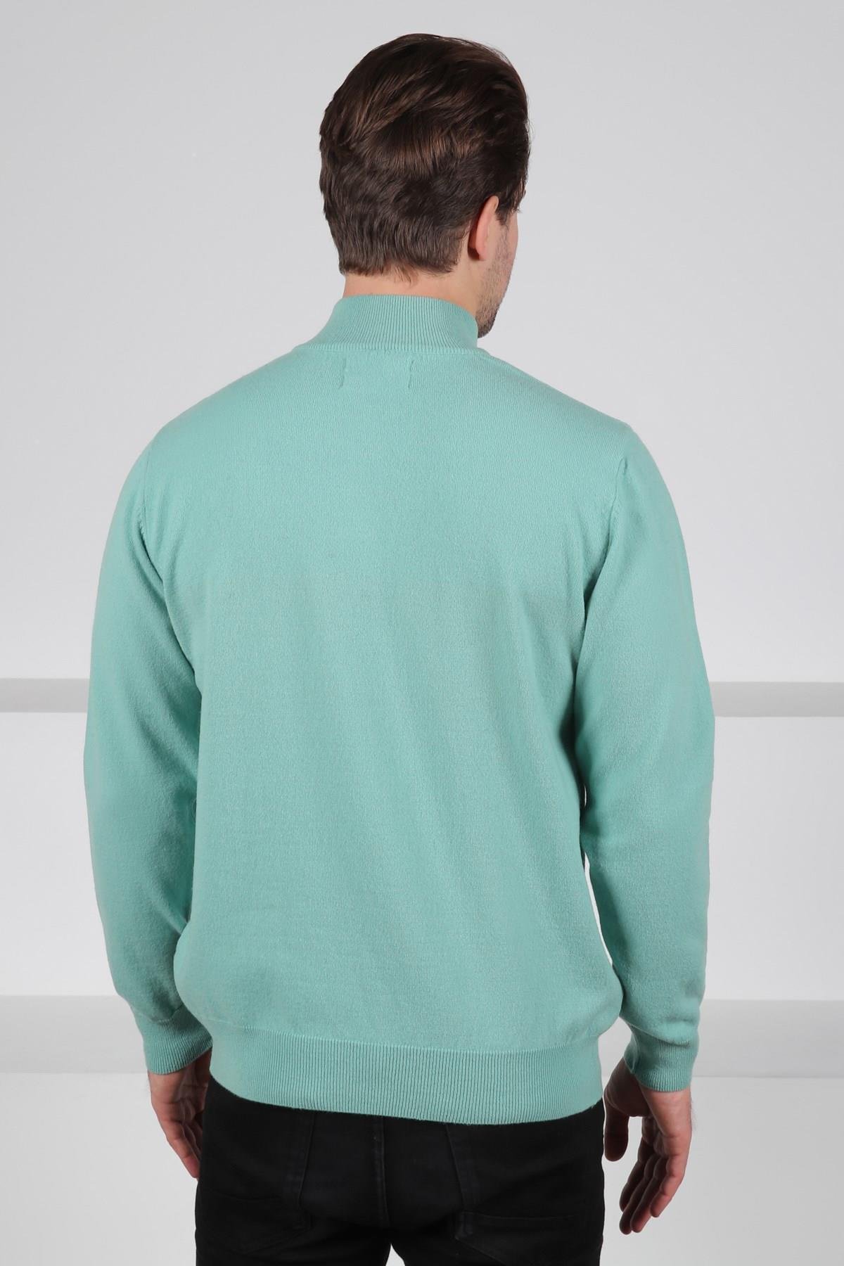 Ferraro Mint Yeşili Düğmeli Yarım Balıkçı Yaka Uzun Kollu %100 Kuzu Yünü Erkek Triko Kazak