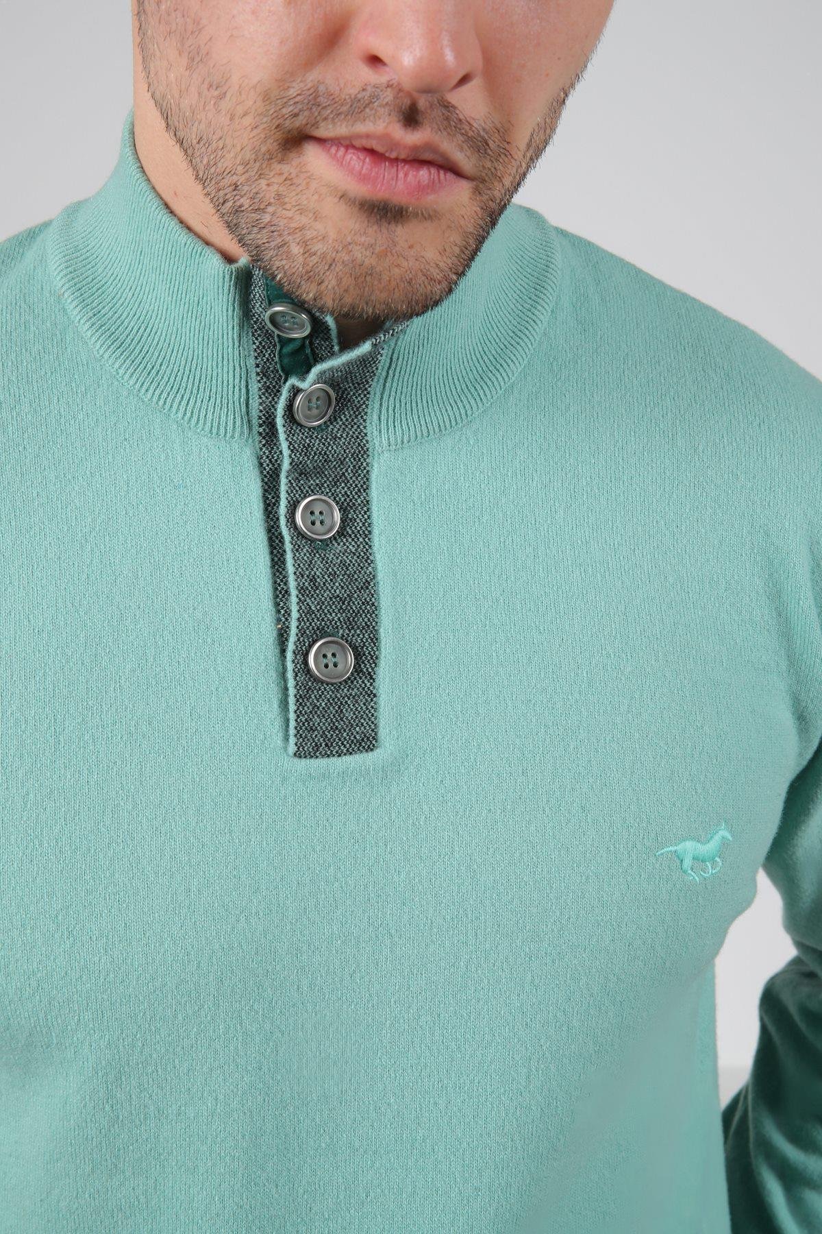 Ferraro Mint Yeşili Düğmeli Yarım Balıkçı Yaka Uzun Kollu %100 Kuzu Yünü Erkek Triko Kazak