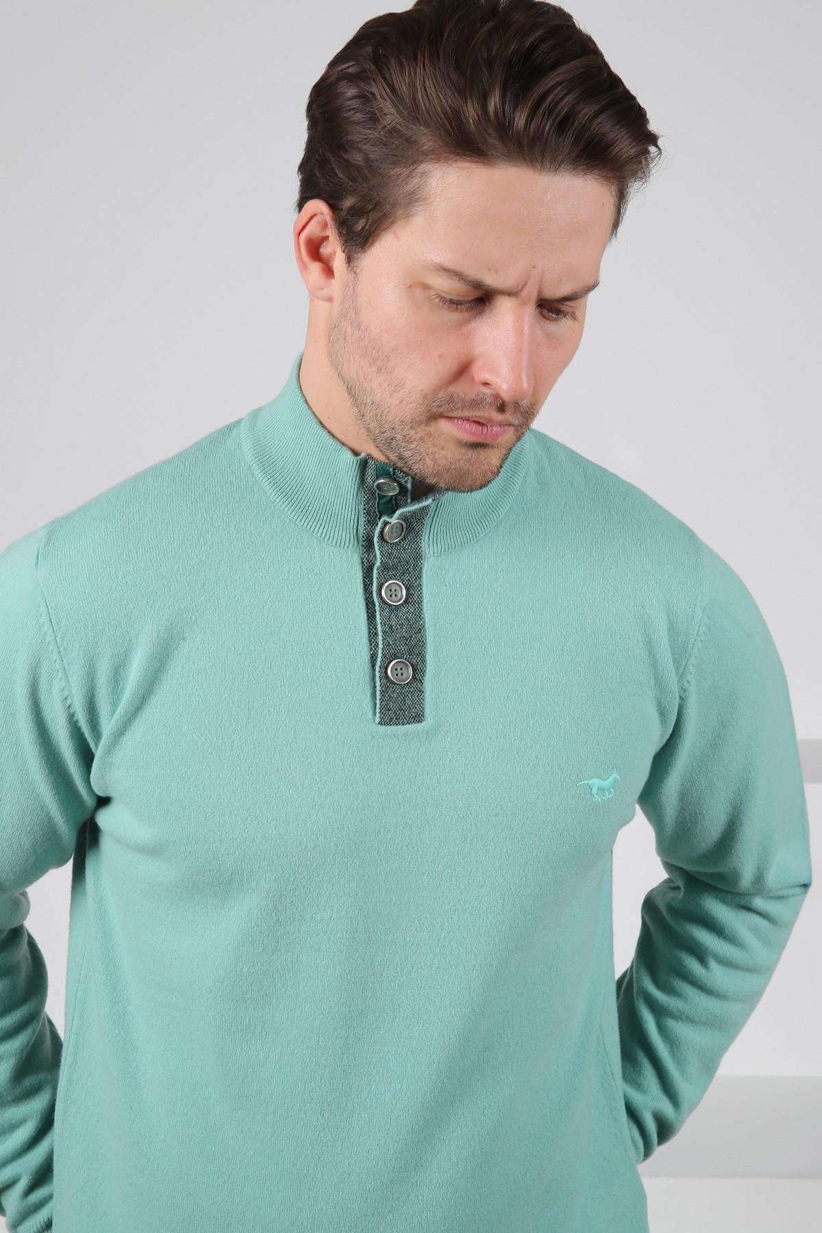 Ferraro Mint Yeşili Düğmeli Yarım Balıkçı Yaka Uzun Kollu %100 Kuzu Yünü Erkek Triko Kazak