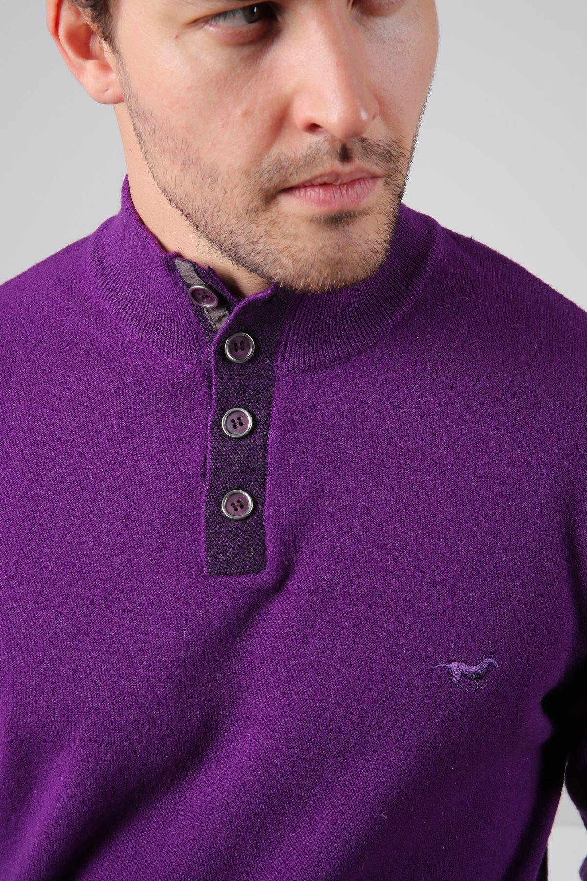 Ferraro Mor Düğmeli Yarım Balıkçı Yaka Uzun Kollu %100 Kuzu Yünü Erkek Triko Kazak