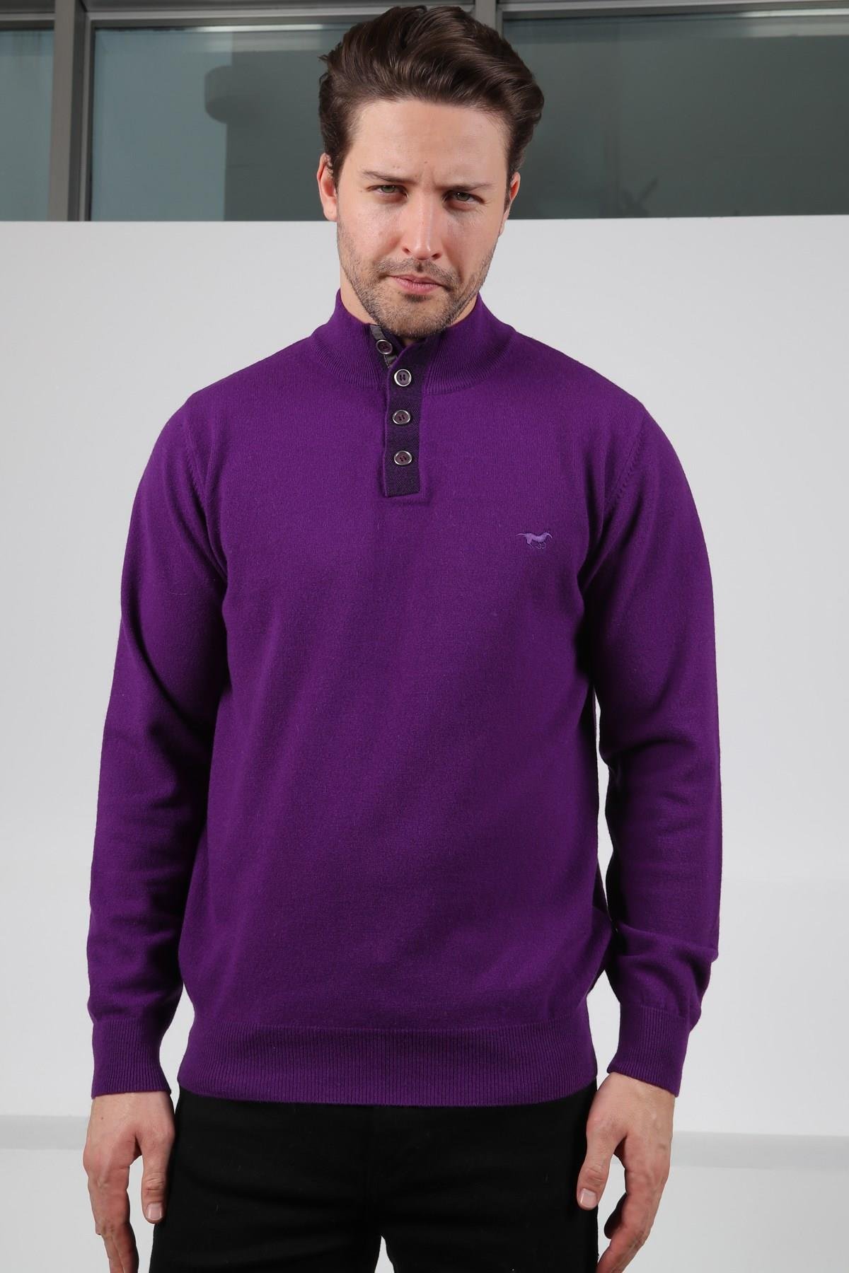 Ferraro Mor Düğmeli Yarım Balıkçı Yaka Uzun Kollu %100 Kuzu Yünü Erkek Triko Kazak