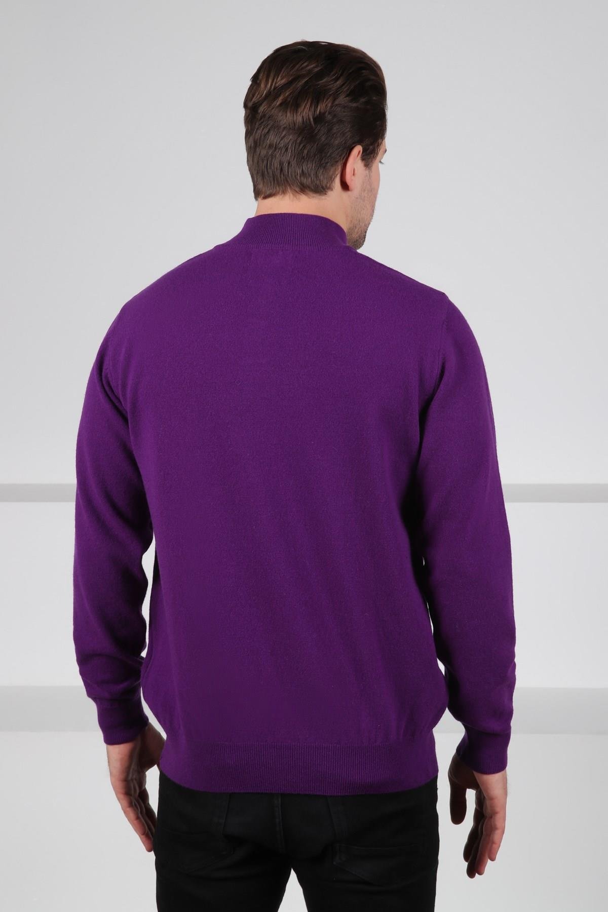Ferraro Mor Düğmeli Yarım Balıkçı Yaka Uzun Kollu %100 Kuzu Yünü Erkek Triko Kazak
