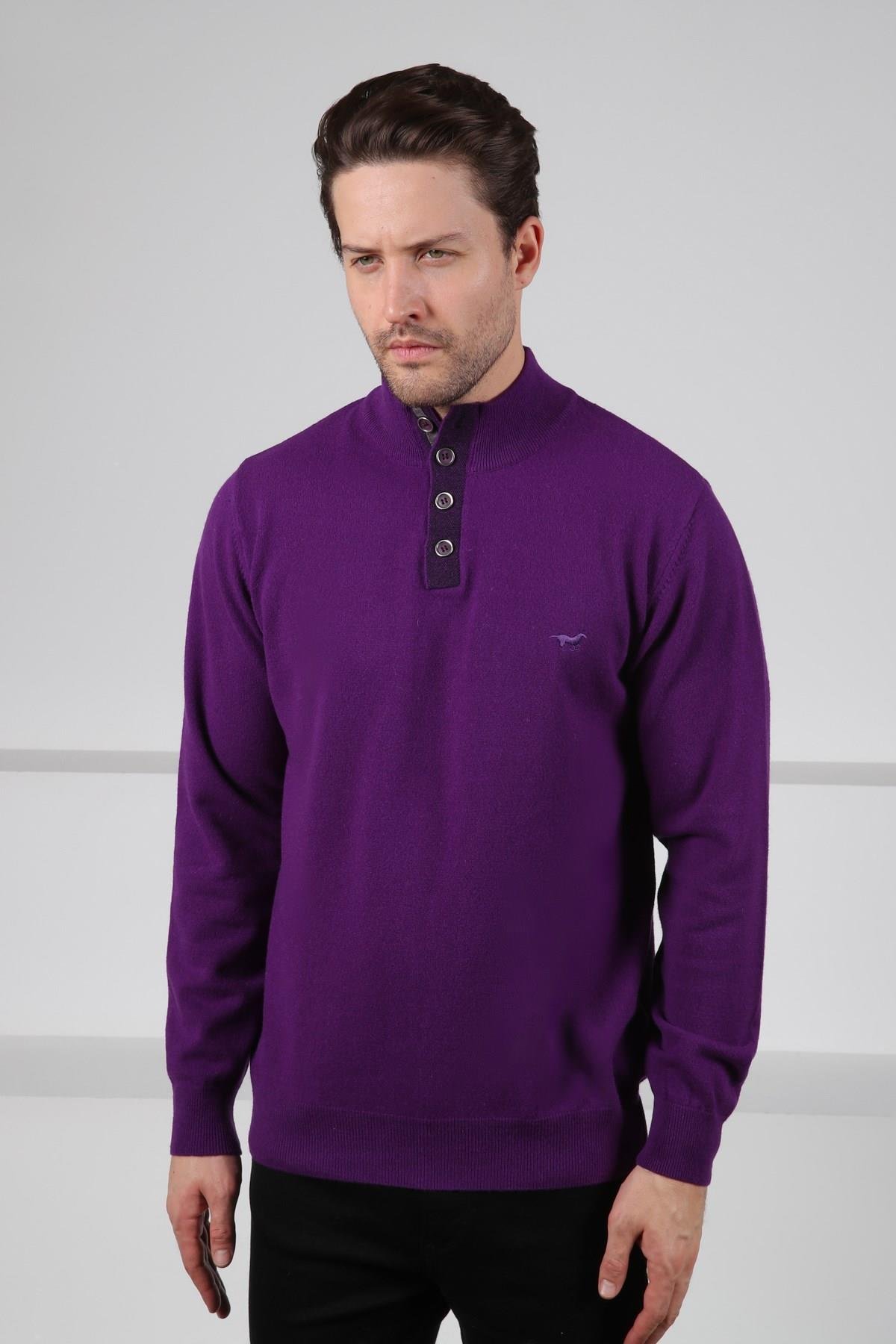 Ferraro Mor Düğmeli Yarım Balıkçı Yaka Uzun Kollu %100 Kuzu Yünü Erkek Triko Kazak