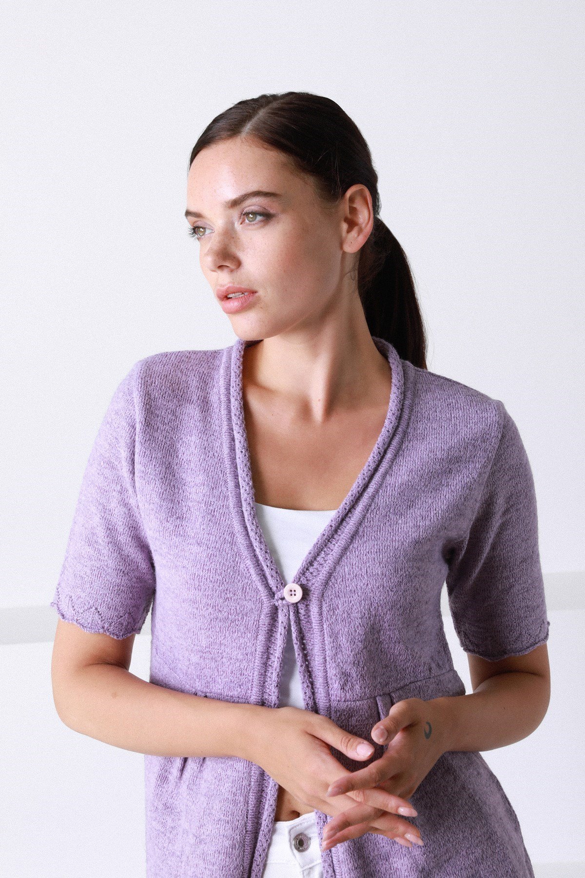 Ferraro Mor V Yaka Tek Düğmeli Kadın Triko Hırka