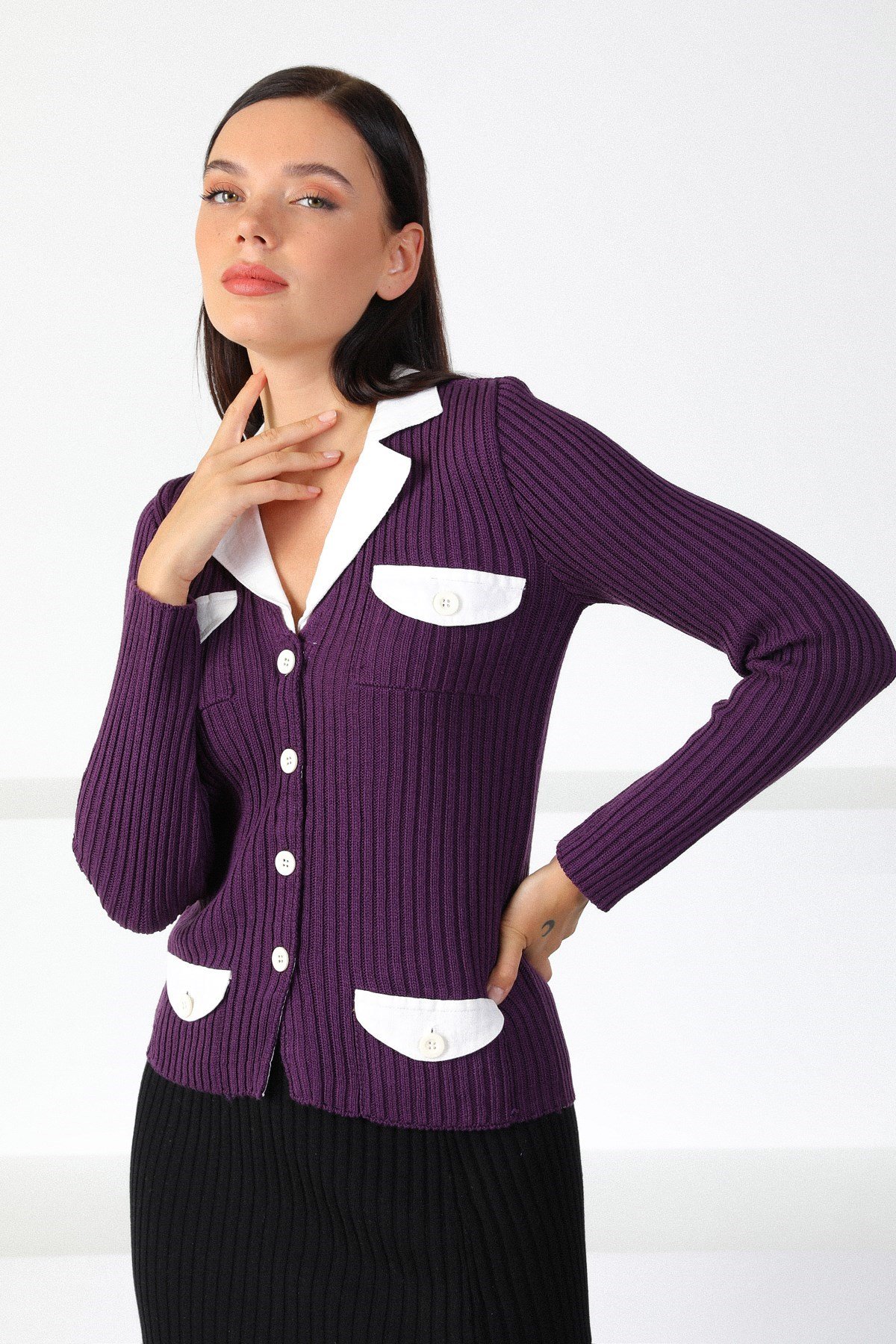 Ferraro Mürdüm Gömlek Yaka Kadın Triko Hırka