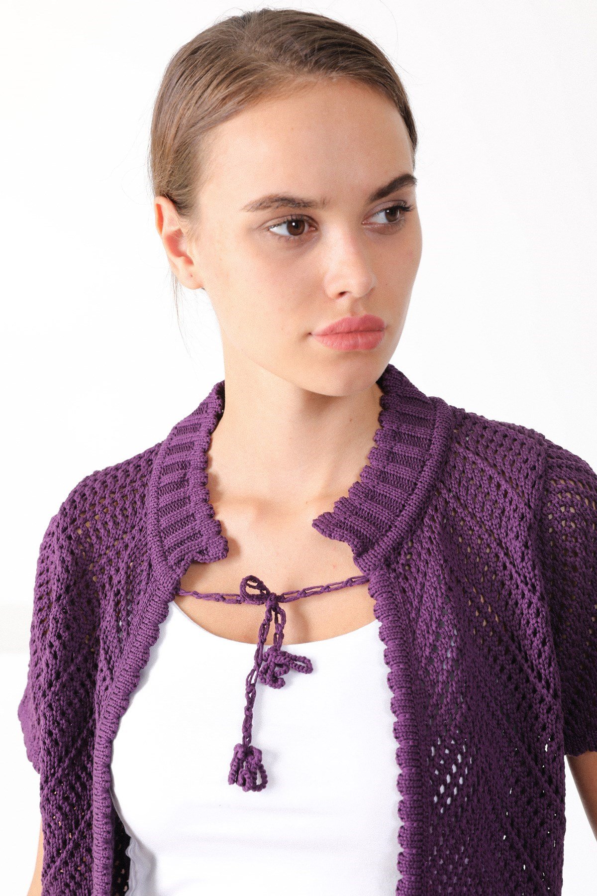 Ferraro Mürdüm Yuvarlak Yaka Pamuklu Kadın Triko Hırka