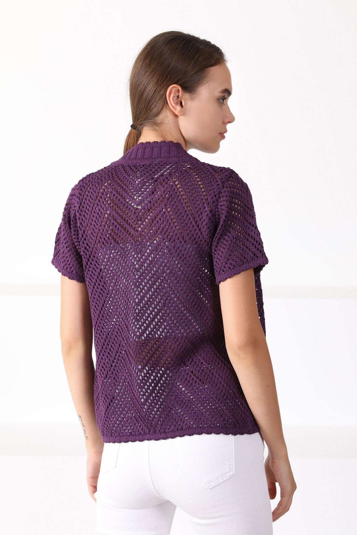 Ferraro Mürdüm Yuvarlak Yaka Pamuklu Kadın Triko Hırka