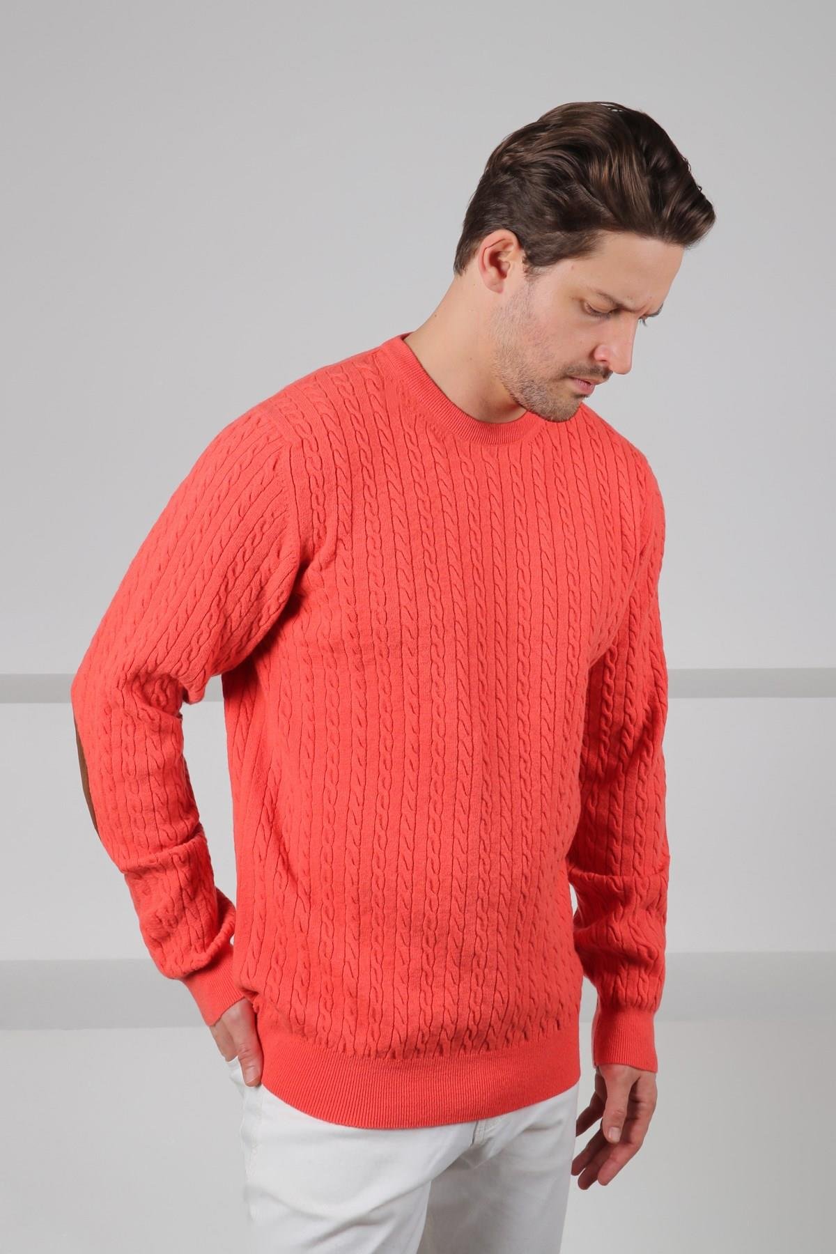 Ferraro Nar Çiçeği Bisiklet Yaka Kabartmalı Saç Örgü Desenli Uzun Kollu %100 Kuzu Yünü Erkek Triko Kazak