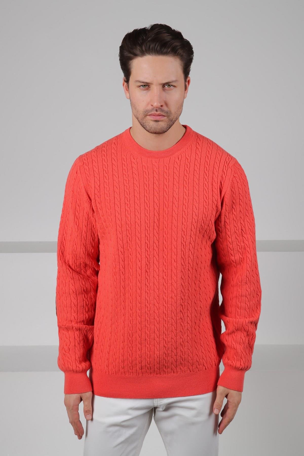 Ferraro Nar Çiçeği Bisiklet Yaka Kabartmalı Saç Örgü Desenli Uzun Kollu %100 Kuzu Yünü Erkek Triko Kazak