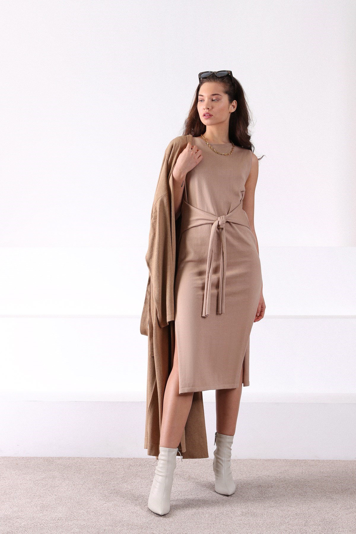 Ferraro Nougat Kuşaklı Pamuklu Kadın Triko Elbise