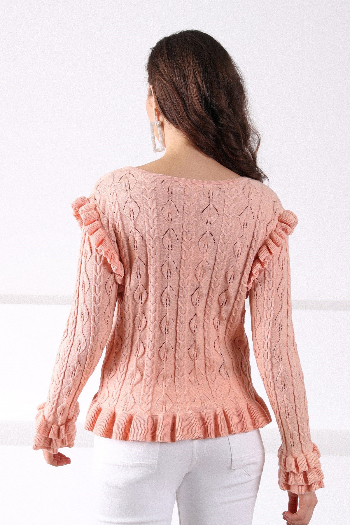 Ferraro Nougat V Yaka Kolu Fırfırlı Pamuklu Kadın Triko Kazak