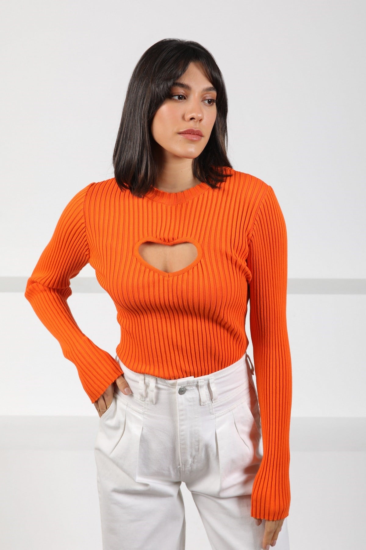 Ferraro Orange Bisiklet Yaka Kalpli Kısa Kadın Triko Tulum