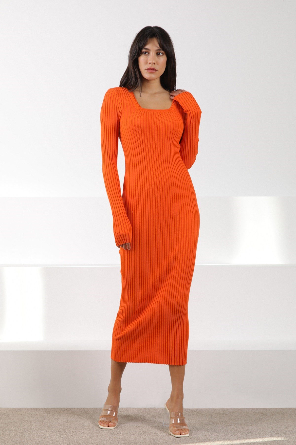 Ferraro Orange Pencere Yaka Kadın Triko Elbise