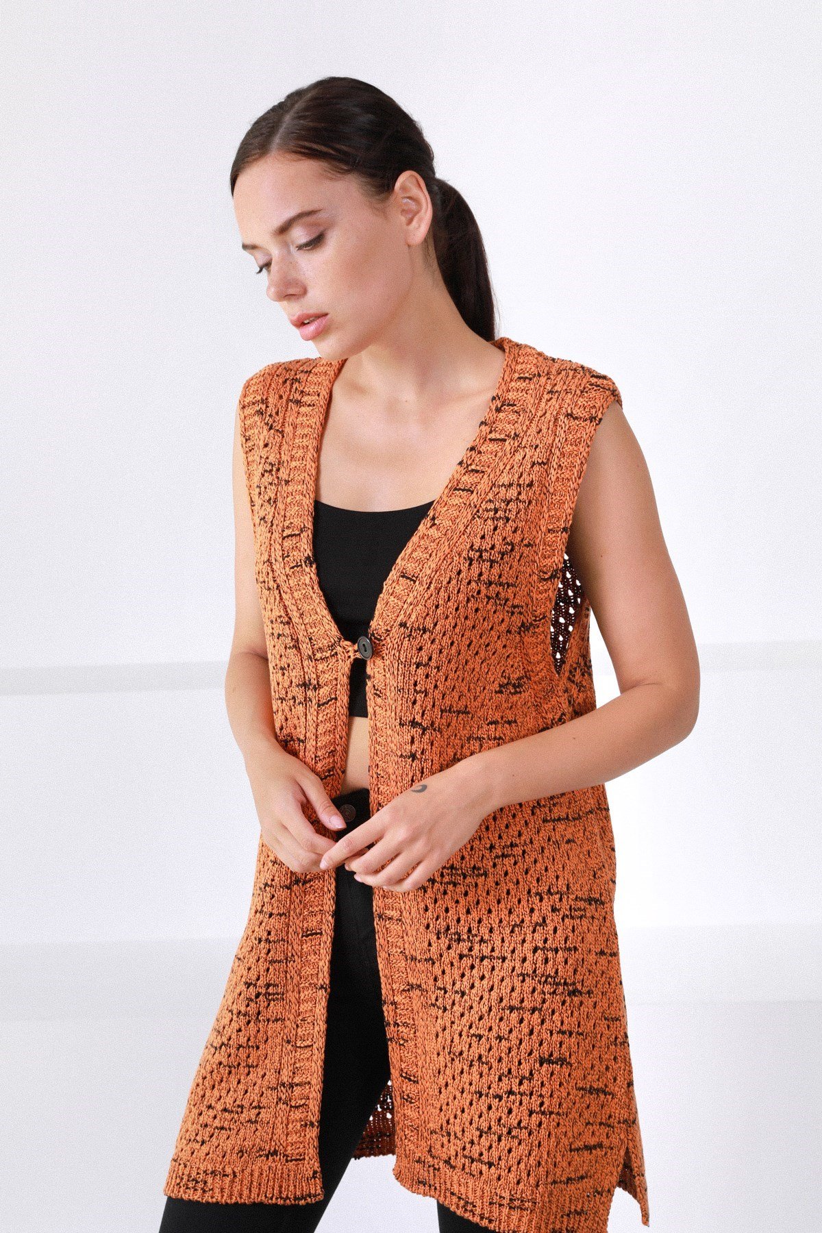 Ferraro Orange V Yaka Yünlü Kadın Triko Yelek