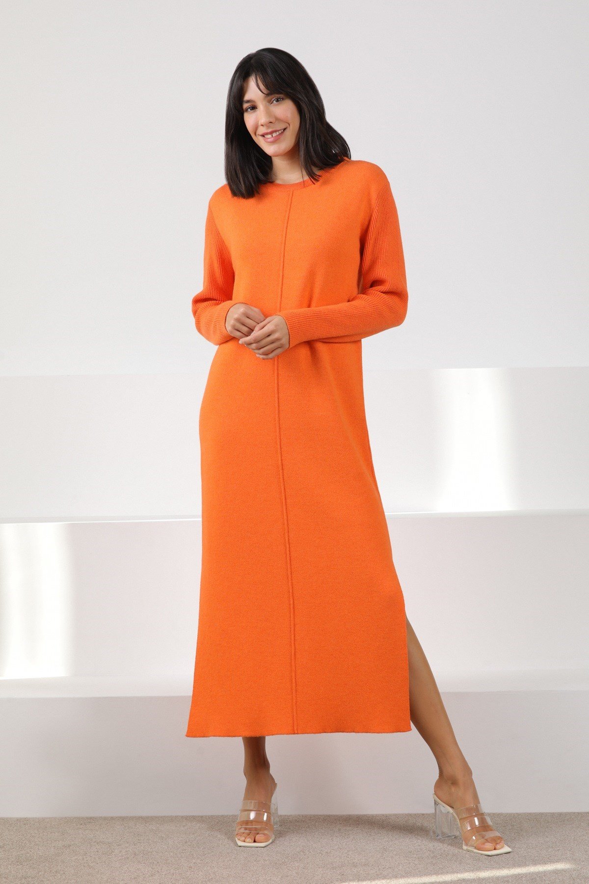 Ferraro Orange Yandan Yırtmaçlı Midi Boy Kaşmirli Kadın Triko Elbise