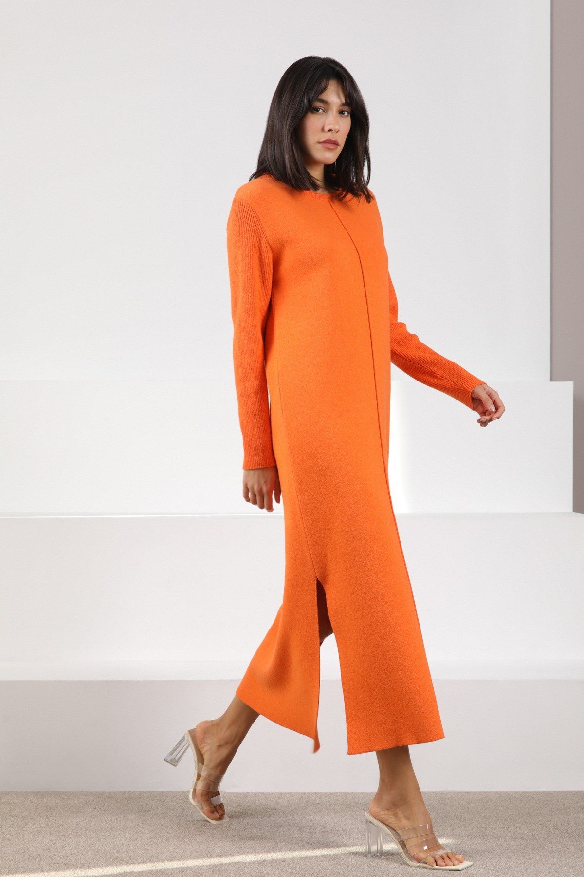 Ferraro Orange Yandan Yırtmaçlı Midi Boy Kaşmirli Kadın Triko Elbise