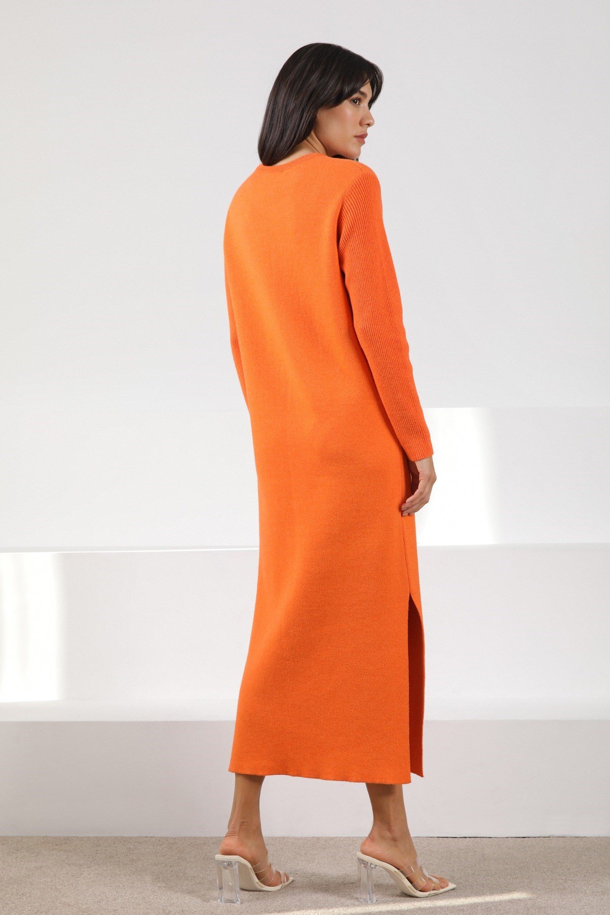 Ferraro Orange Yandan Yırtmaçlı Midi Boy Kaşmirli Kadın Triko Elbise
