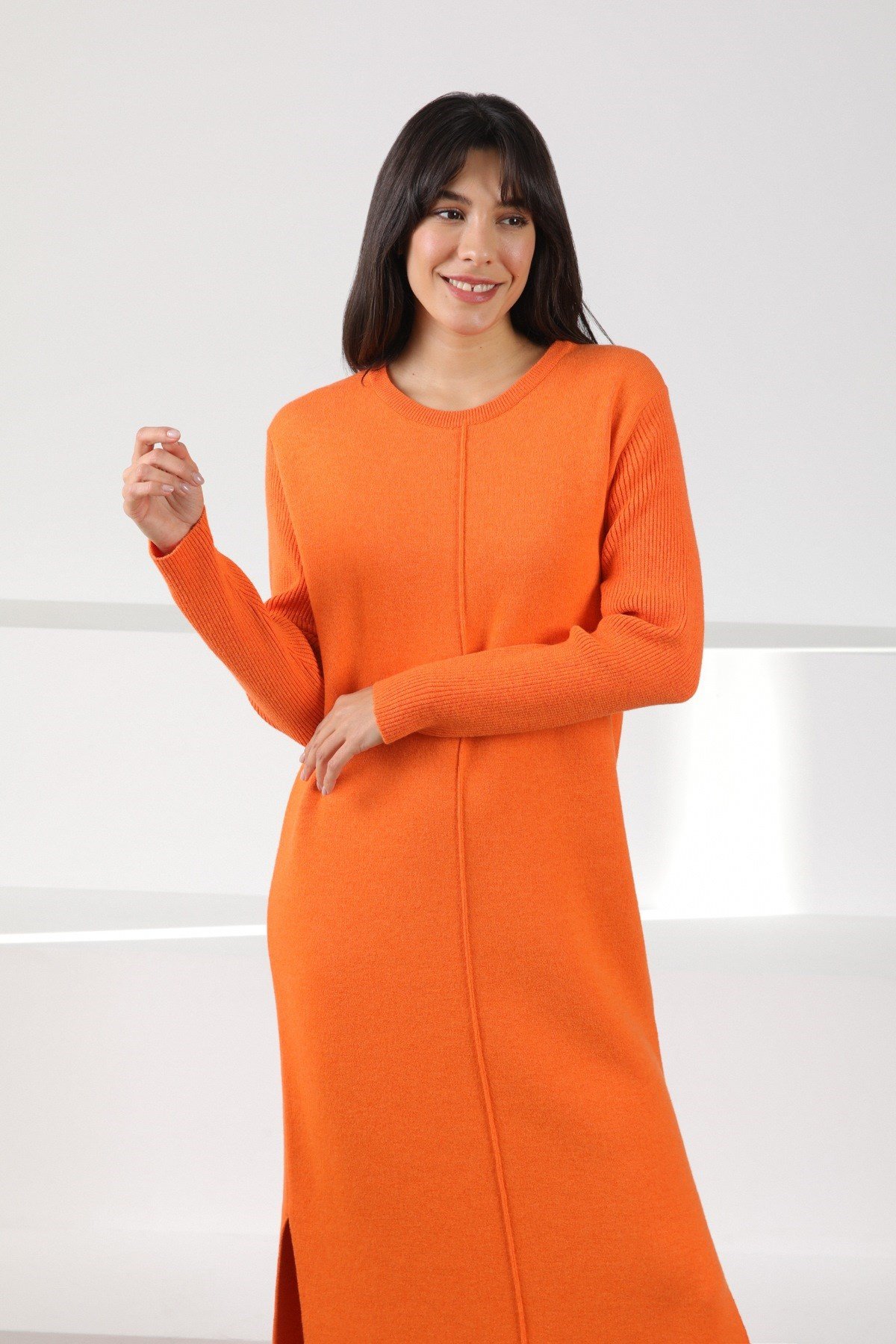 Ferraro Orange Yandan Yırtmaçlı Midi Boy Kaşmirli Kadın Triko Elbise