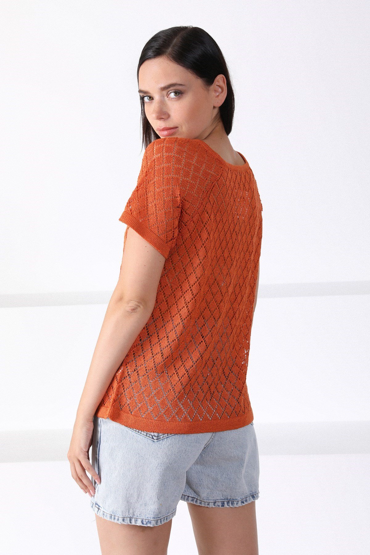 Ferraro Orange Yuvarlak Yaka Ajurlu Kadın Triko Kazak