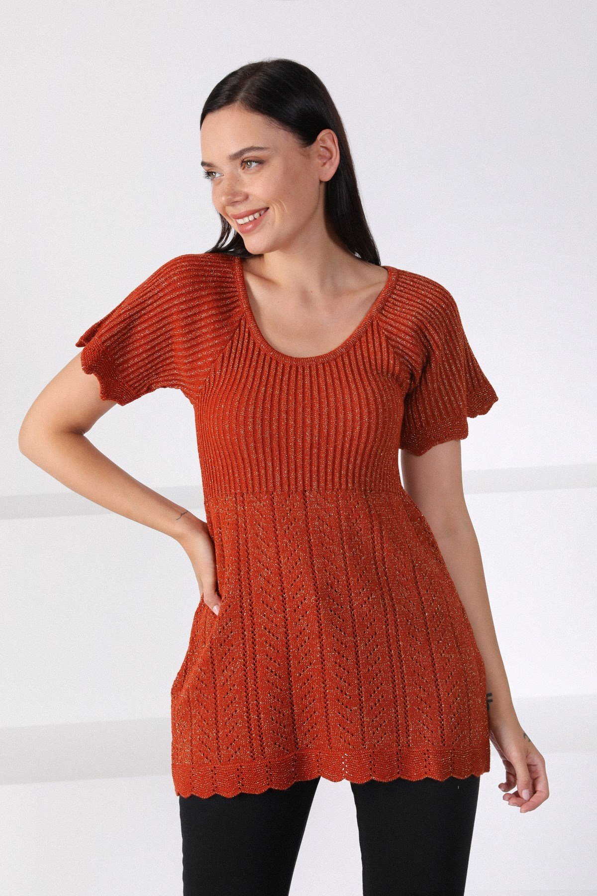 Ferraro Orange Yuvarlak Yaka Bel Büzgülü Kadın Triko Kazak