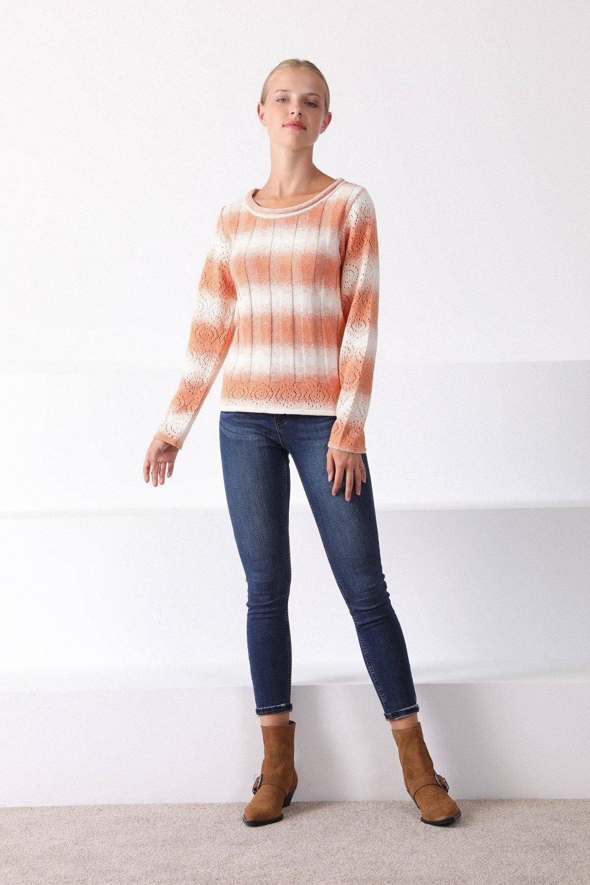 Ferraro Orange Yuvarlak Yaka Pamuklu Çizgili Kadın Triko Kazak