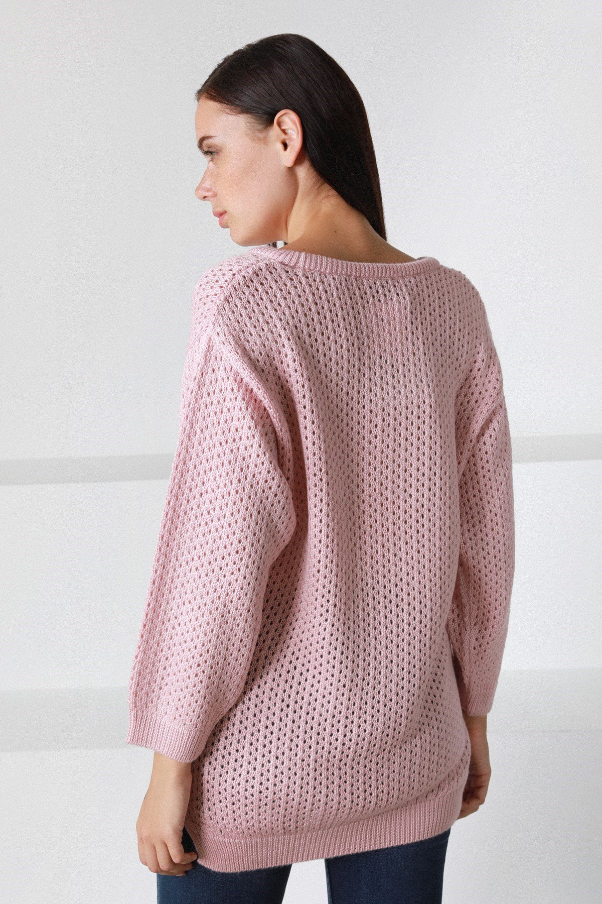 Ferraro Pembe O Yaka Ajurlu Yünlü Kadın Triko Kazak