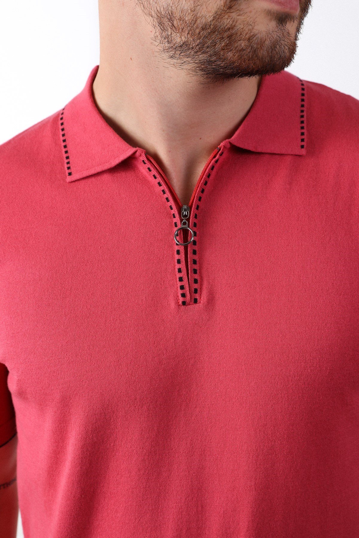 Ferraro Pembe Polo Yaka Fermuarlı Erkek Pamuk Triko T-Shirt