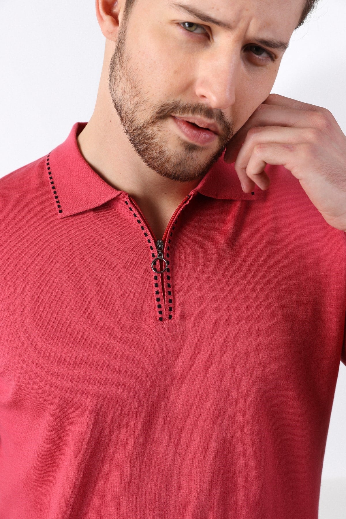 Ferraro Pembe Polo Yaka Fermuarlı Erkek Pamuk Triko T-Shirt