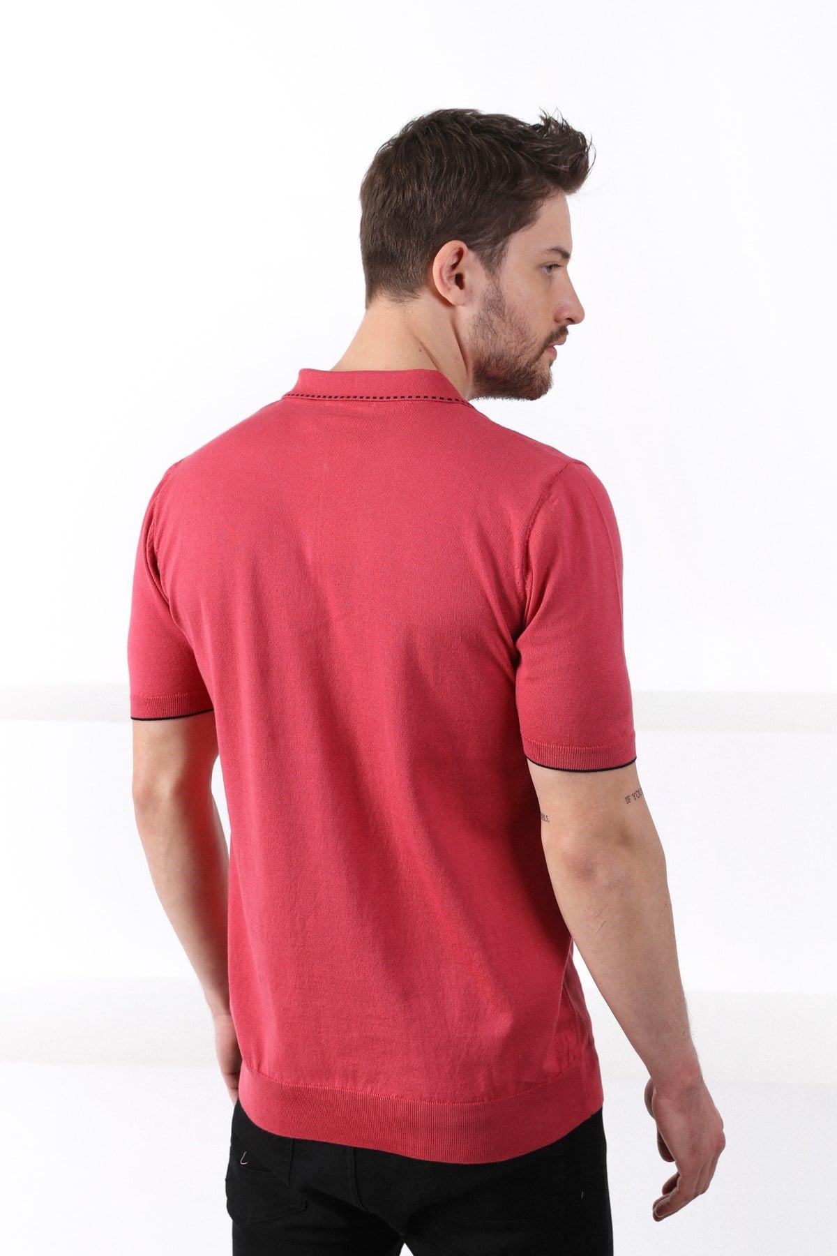 Ferraro Pembe Polo Yaka Fermuarlı Erkek Pamuk Triko T-Shirt