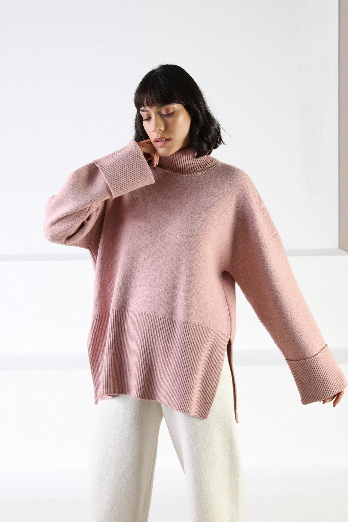 Ferraro Pembe Uzun Kollu Balıkçı Yaka Kaşmirli Kadın Triko Kazak